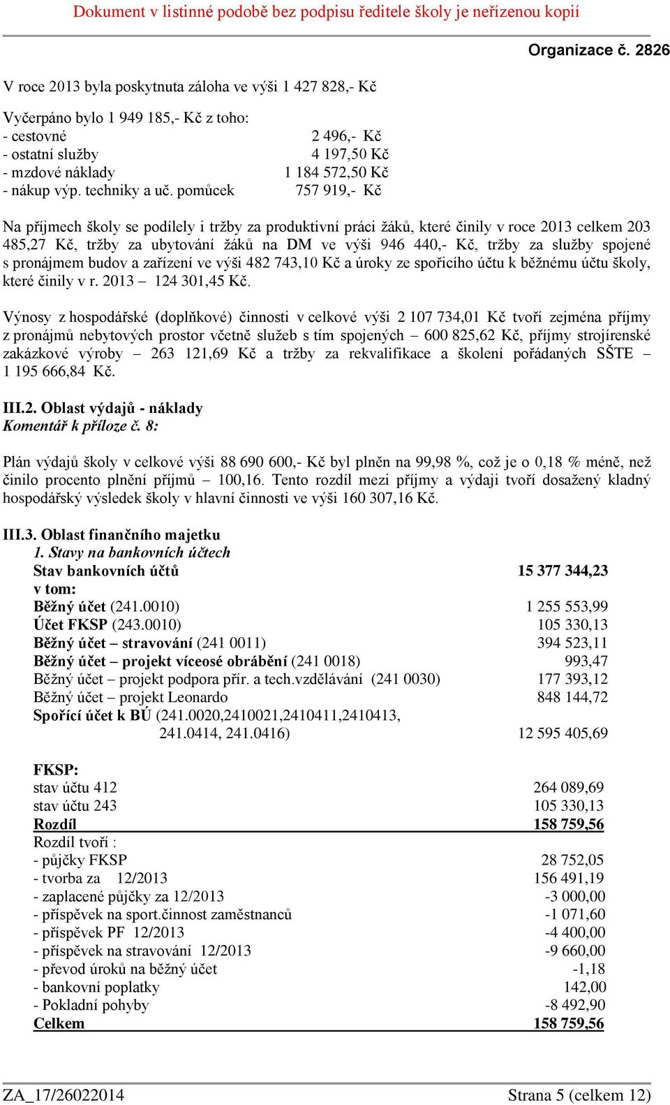 pomůcek 757 919,- Kč Na příjmech školy se podílely i tržby za produktivní práci žáků, které činily v roce 2013 celkem 203 485,27 Kč, tržby za ubytování žáků na DM ve výši 946 440,- Kč, tržby za