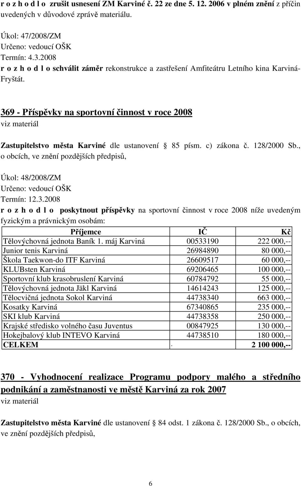 369 - Příspěvky na sportovní činnost v roce 2008 Zastupitelstvo města Karviné dle ustanovení 85 písm. c) zákona č. 128/2000 Sb.