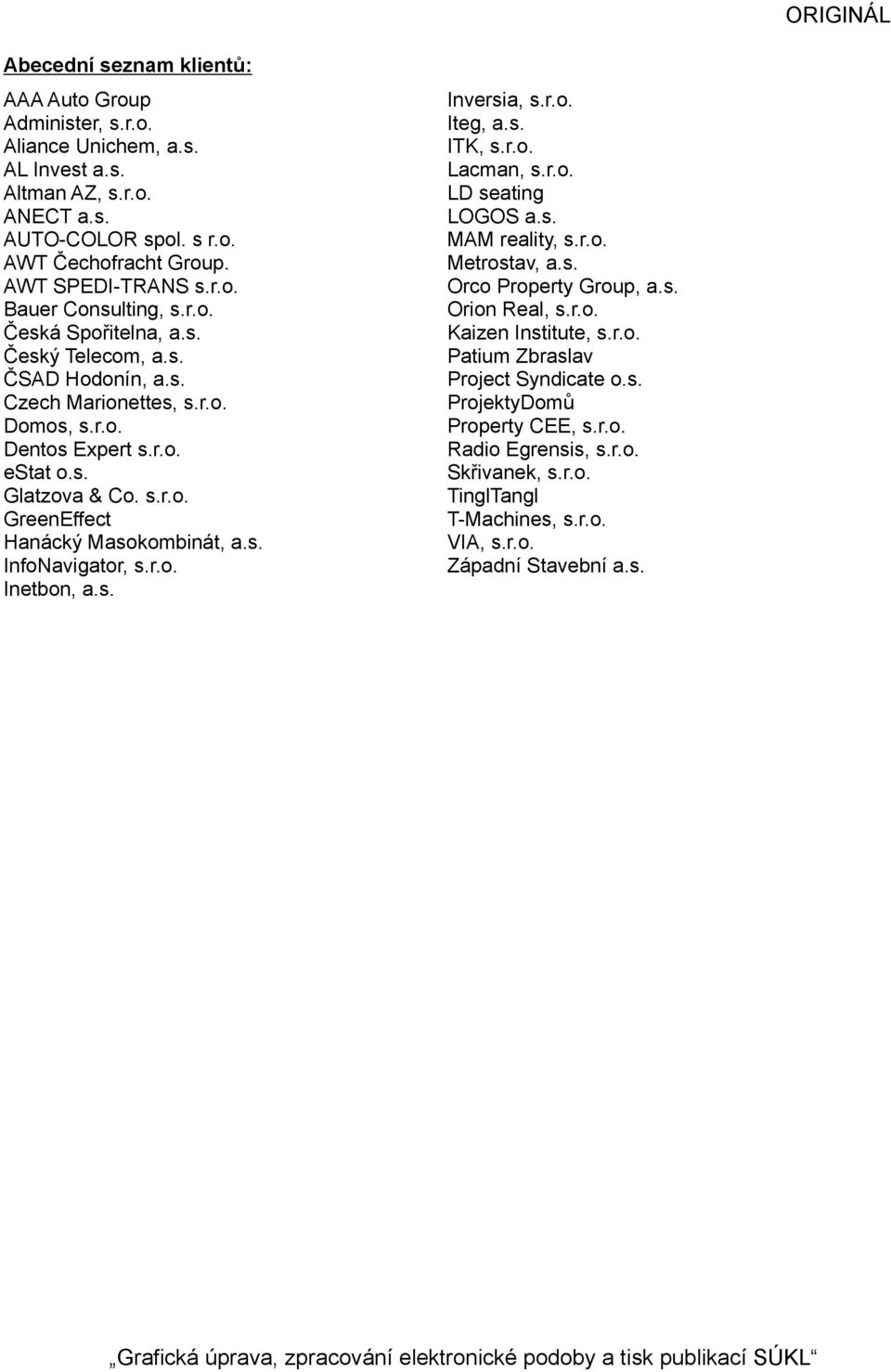 r.o. Inetbon, a.s. Inversia, s.r.o. Iteg, a.s. ITK, s.r.o. Lacman, s.r.o. LD seating LOGOS a.s. MAM reality, s.r.o. Metrostav, a.s. Orco Property Group, a.s. Orion Real, s.r.o. Kaizen Institute, s.r.o. Patium Zbraslav Project Syndicate o.