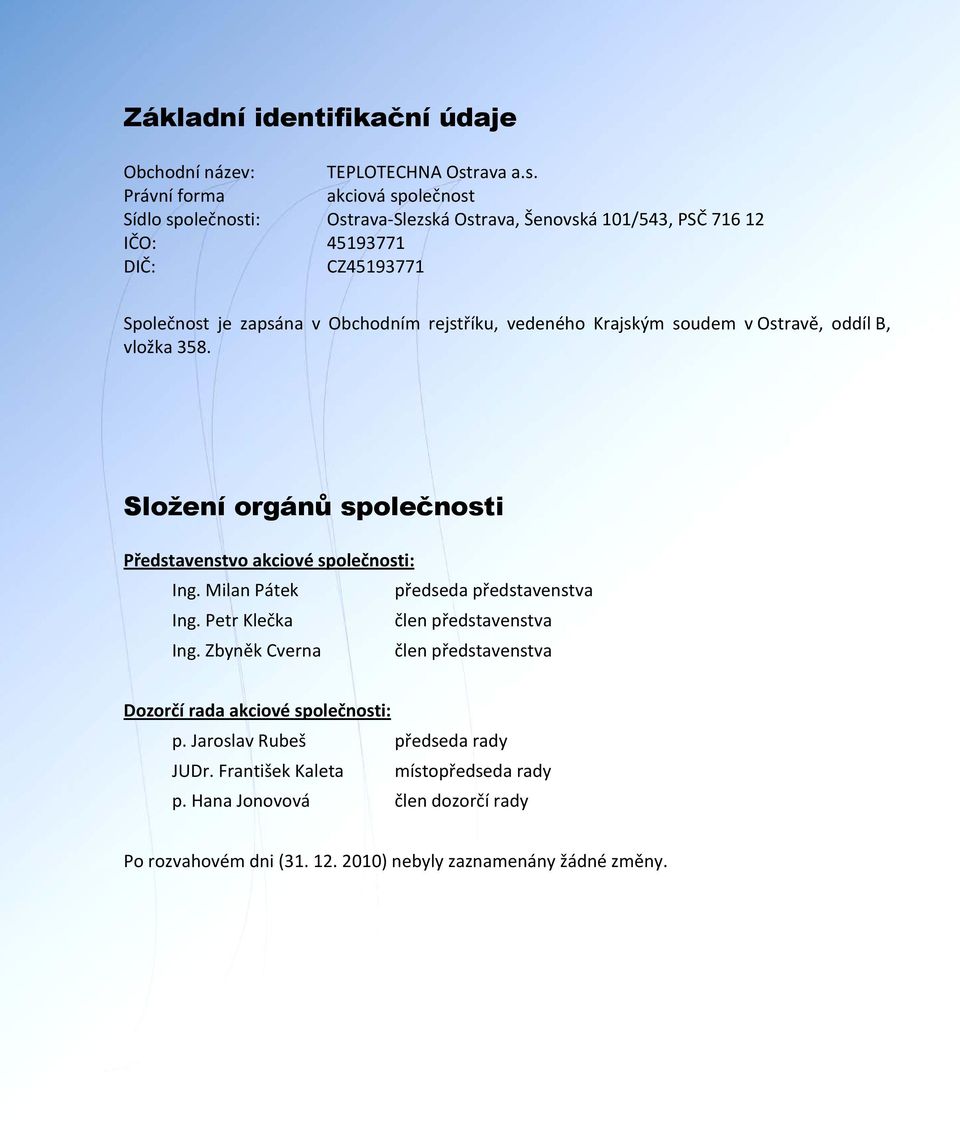 Právní forma akciová společnost Sídlo společnosti: Ostrava Slezská Ostrava, Šenovská 101/543, PSČ 716 12 IČO: 45193771 DIČ: CZ45193771 Společnost je zapsána v Obchodním