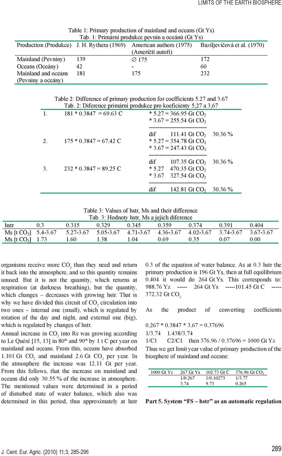 (1970) (Ameri tí auto i) Mainland (Pevniny) 139 175 172 Oceans (Oceány) 42-60 Mainland and oceans (Pevniny a oceány) 181 175 232 Table 2: Difference of primary production for coefficients 5.27 and 3.