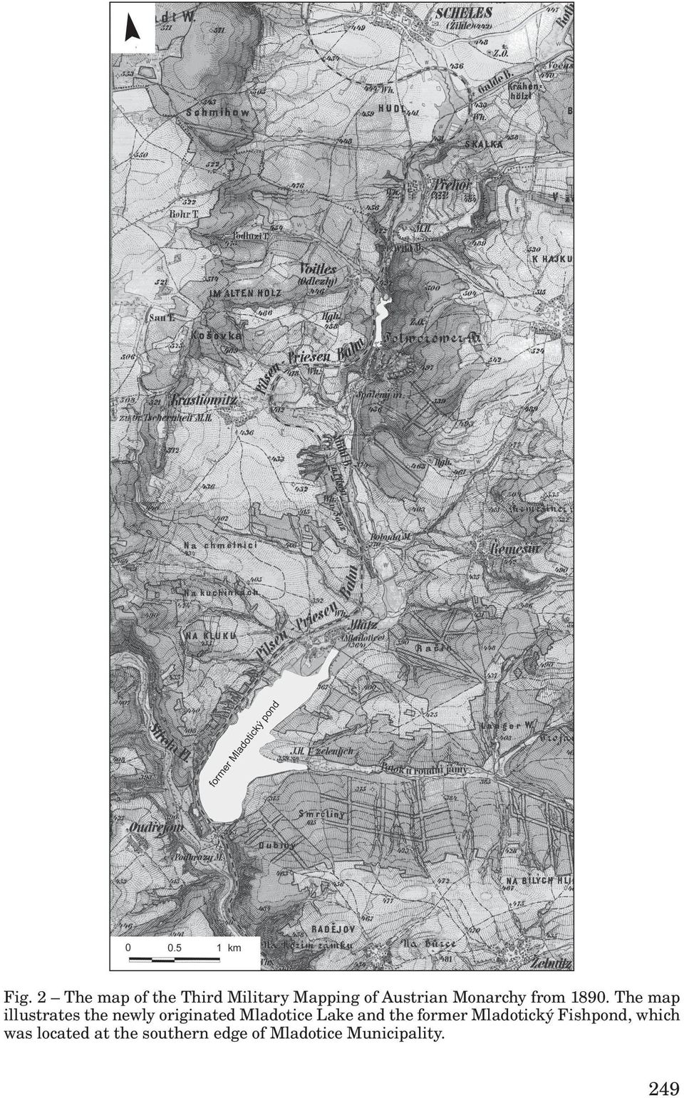 The map illustrates the newly originated Mladotice Lake and