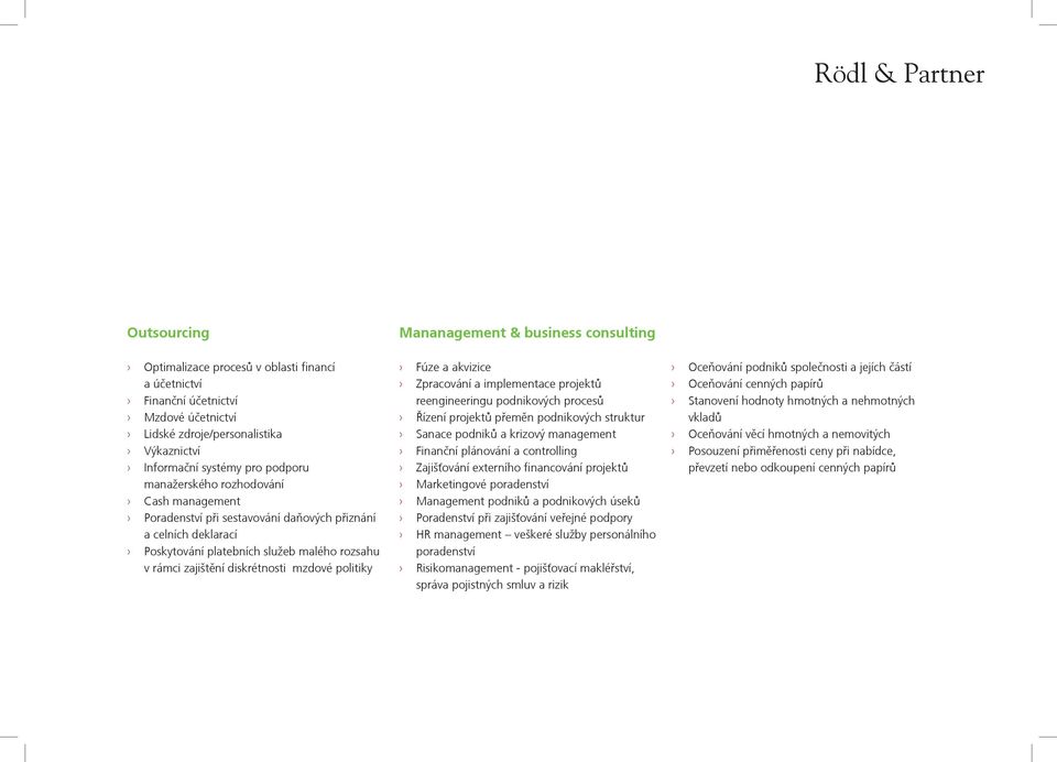 consulting Fúze a akvizice Zpracování a implementace projektù reengineeringu podnikových procesù Øízení projektù pøemìn podnikových struktur Sanace podnikù a krizový management Finanèní plánování a