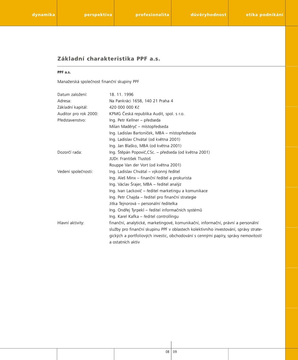 Petr Kellner předseda Milan Maděryč místopředseda Ing. Ladislav Bartoníček, MBA místopředseda Ing. Ladislav Chvátal (od května 2001) Ing. Jan Blaško, MBA (od května 2001) Dozorčí rada: Ing.