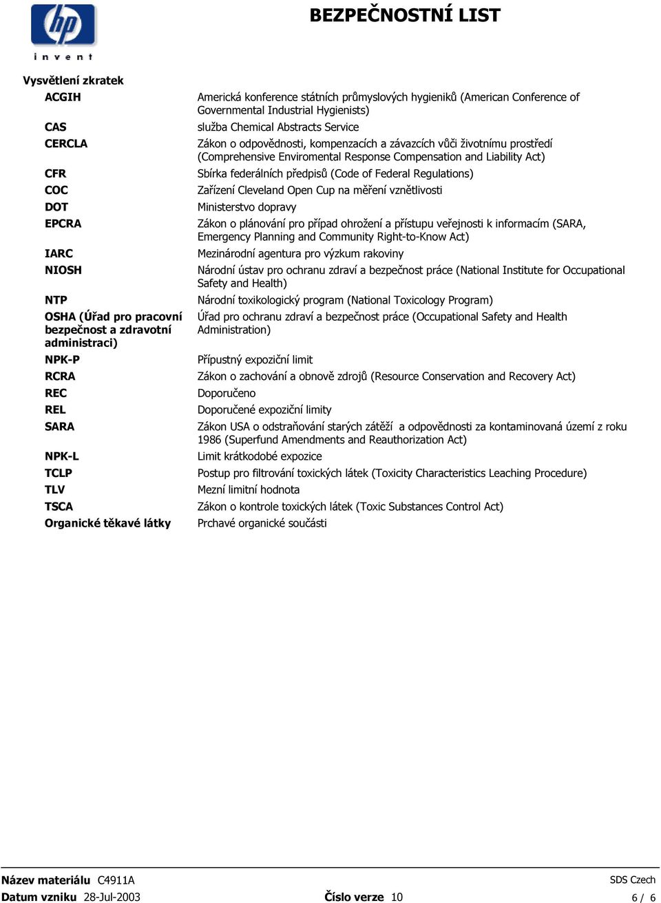 životnímu prostředí (Comprehensive Enviromental Response Compensation and Liability Act) Sbírka federálních předpisů (Code of Federal Regulations) Zařízení Cleveland Open Cup na měření vznětlivosti