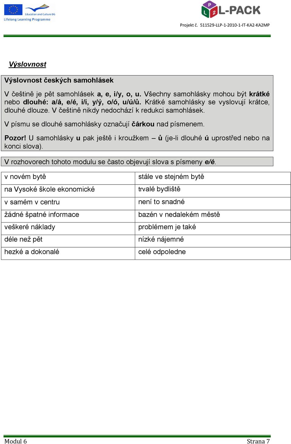 U samohlásky u pak ještě i krouţkem ů (je-li dlouhé ú uprostřed nebo na konci slova). V rozhovorech tohoto modulu se často objevují slova s písmeny e/é.