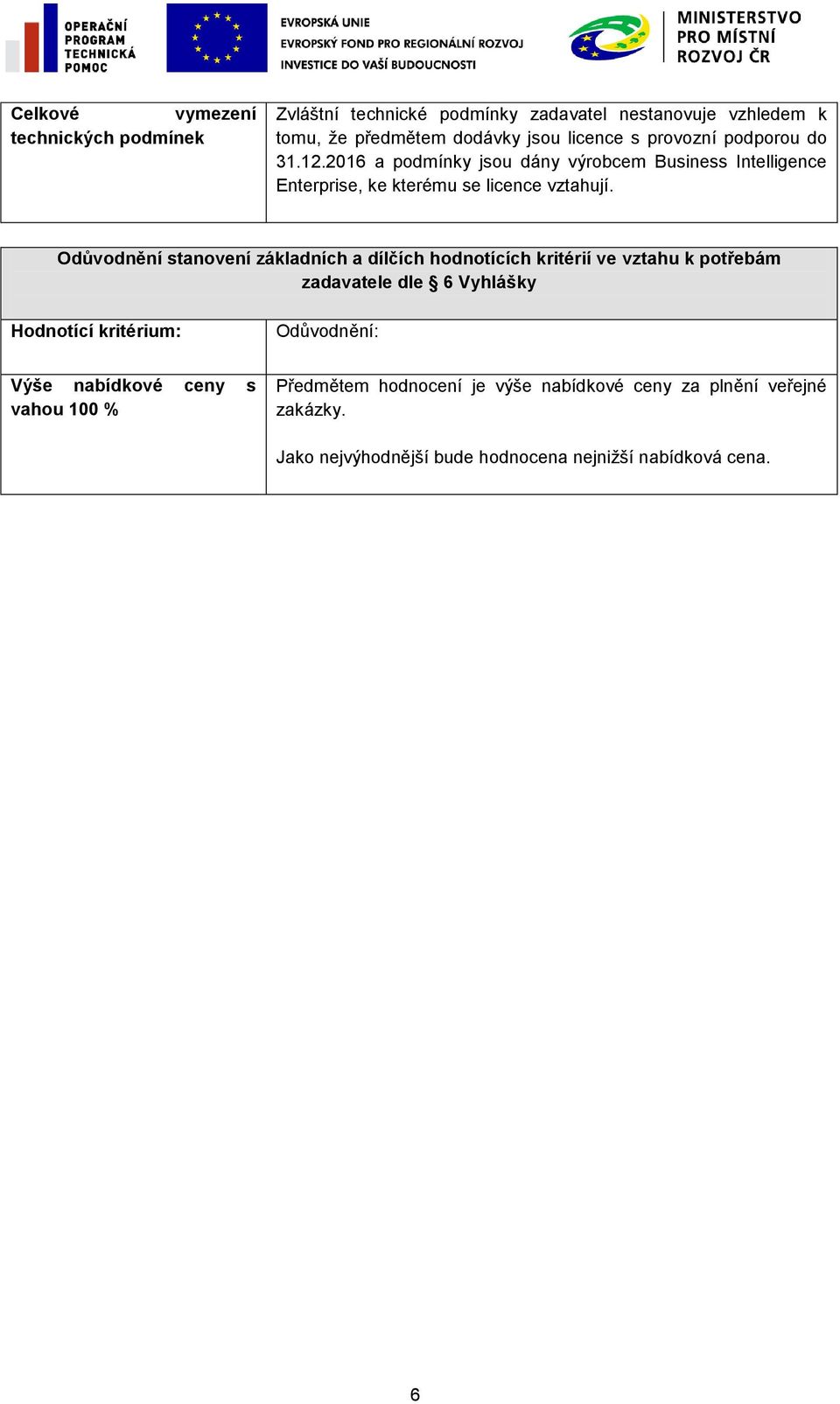 Odůvodnění stanovení základních a dílčích hodnotících kritérií ve vztahu k potřebám zadavatele dle 6 Vyhlášky Hodnotící kritérium: Odůvodnění: