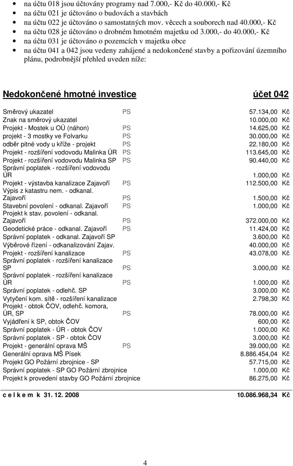 000,- Kč na účtu 031 je účtováno o pozemcích v majetku obce na účtu 041 a 042 jsou vedeny zahájené a nedokončené stavby a pořizování územního plánu, podrobnější přehled uveden níže: Nedokončené