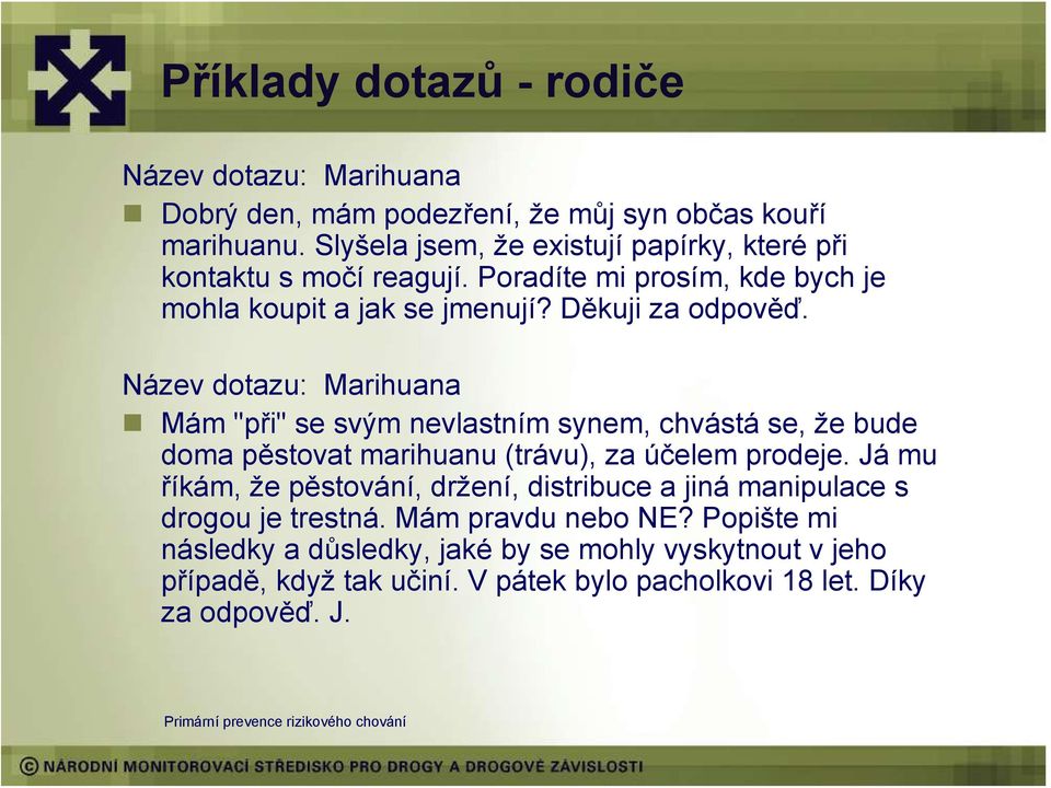 Název dotazu: Marihuana Mám "při" se svým nevlastním synem, chvástá se, že bude doma pěstovat marihuanu (trávu), za účelem prodeje.