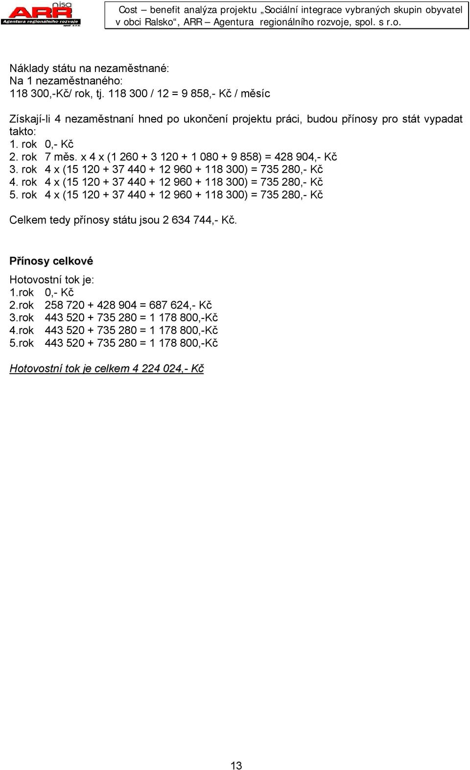 rok 4 x (15 120 + 37 440 + 12 960 + 118 300) = 735 280,- Kč 5. rok 4 x (15 120 + 37 440 + 12 960 + 118 300) = 735 280,- Kč Celkem edy příosy sáu jsou 2 634 744,- Kč.