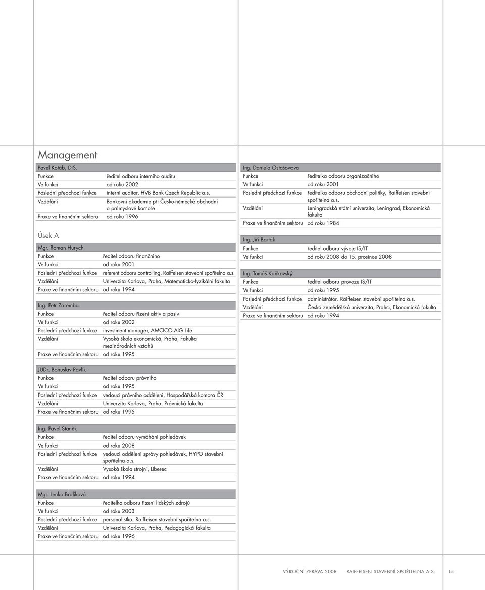 Roman Hurych Funkce ředitel odboru finančního Ve funkci od roku 2001 Poslední předchozí funkce referent odboru controlling, Raiffeisen stavební spořitelna a.s. Vzdělání Univerzita Karlova, Praha, Matematicko-fyzikální fakulta Praxe ve finančním sektoru od roku 1994 Ing.
