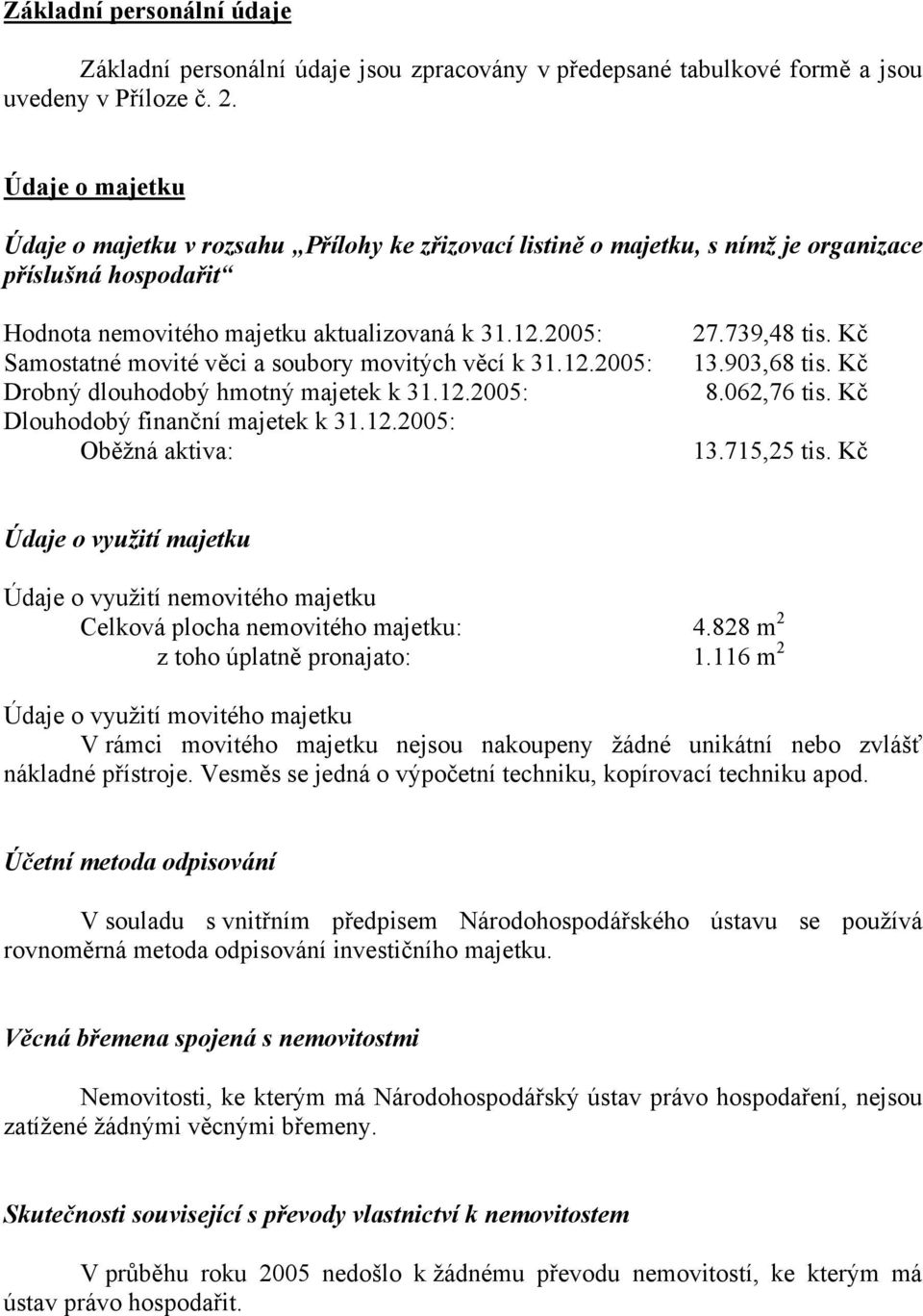 2005: Samostatné movité věci a soubory movitých věcí k 31.12.2005: Drobný dlouhodobý hmotný majetek k 31.12.2005: Dlouhodobý finanční majetek k 31.12.2005: Oběžná aktiva: 27.739,48 tis. Kč 13.