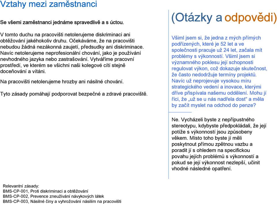 Vytváříme pracovní prostředí, ve kterém se všichni naši kolegové cítí stejně doceňování a vítáni. Na pracovišti netolerujeme hrozby ani násilné chování.