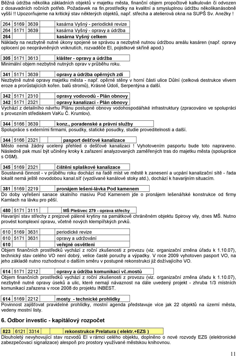 264 5169 3639 kasárna Vyšný - periodické revize 264 5171 3639 kasárna Vyšný - opravy a údržba 264 kasárna Vyšný celkem Náklady na nezbytně nutné úkony spojené se správou a nezbytně nutnou údržbou