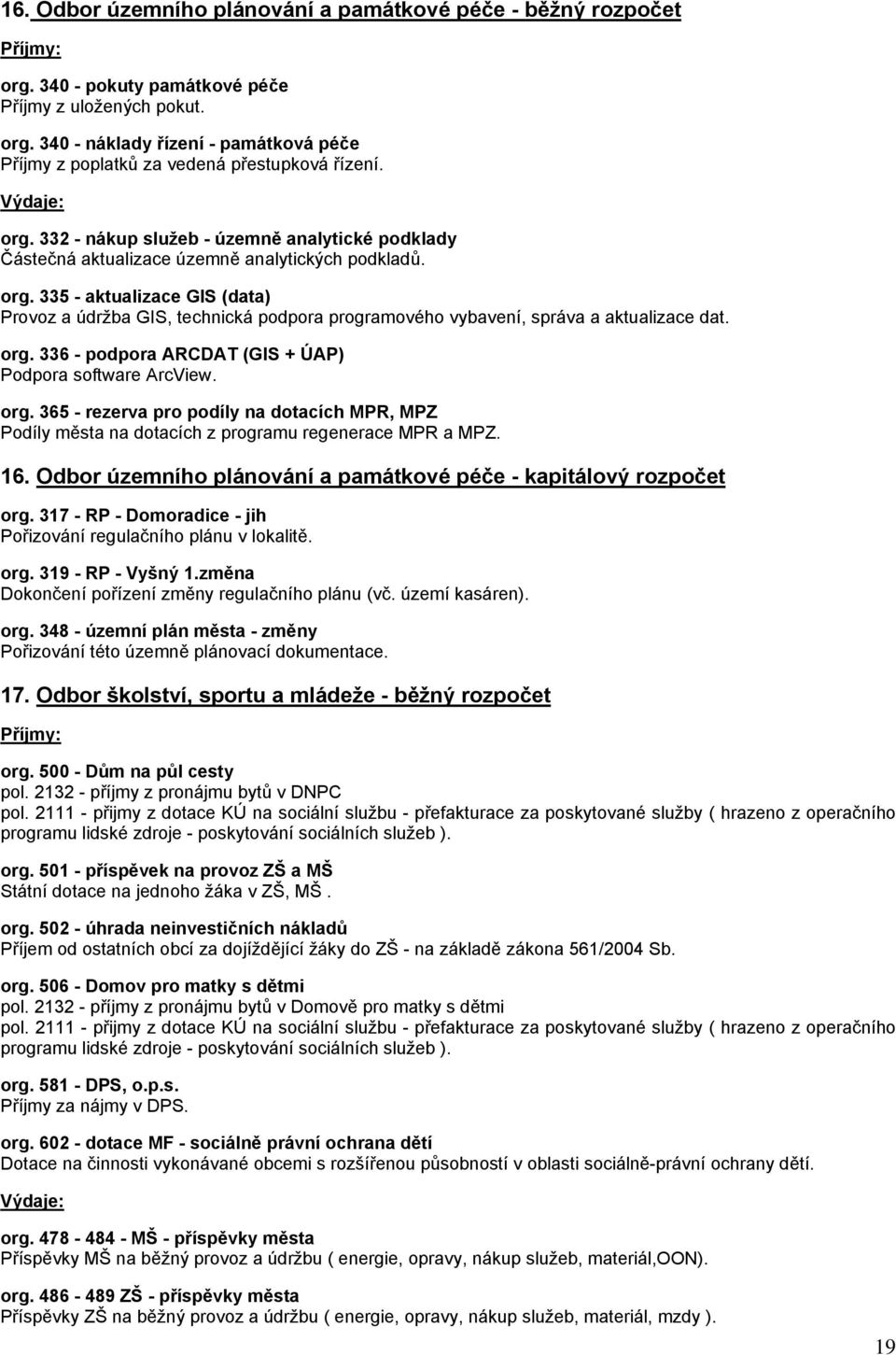 335 - aktualizace GIS (data) Provoz a údržba GIS, technická podpora programového vybavení, správa a aktualizace dat. org.