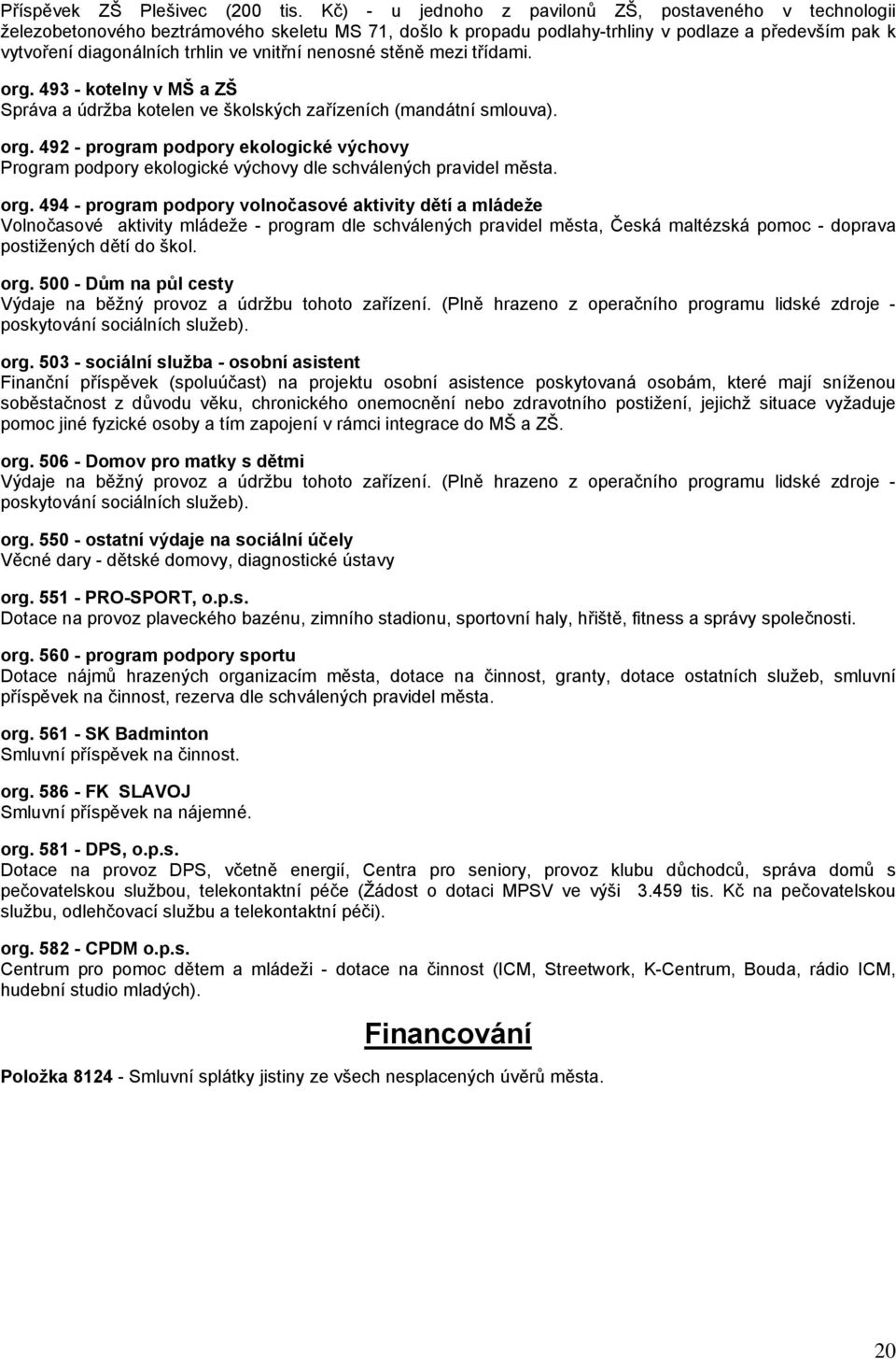 vnitřní nenosné stěně mezi třídami. org. 493 - kotelny v MŠ a ZŠ Správa a údržba kotelen ve školských zařízeních (mandátní smlouva). org. 492 - program podpory ekologické výchovy Program podpory ekologické výchovy dle schválených pravidel města.