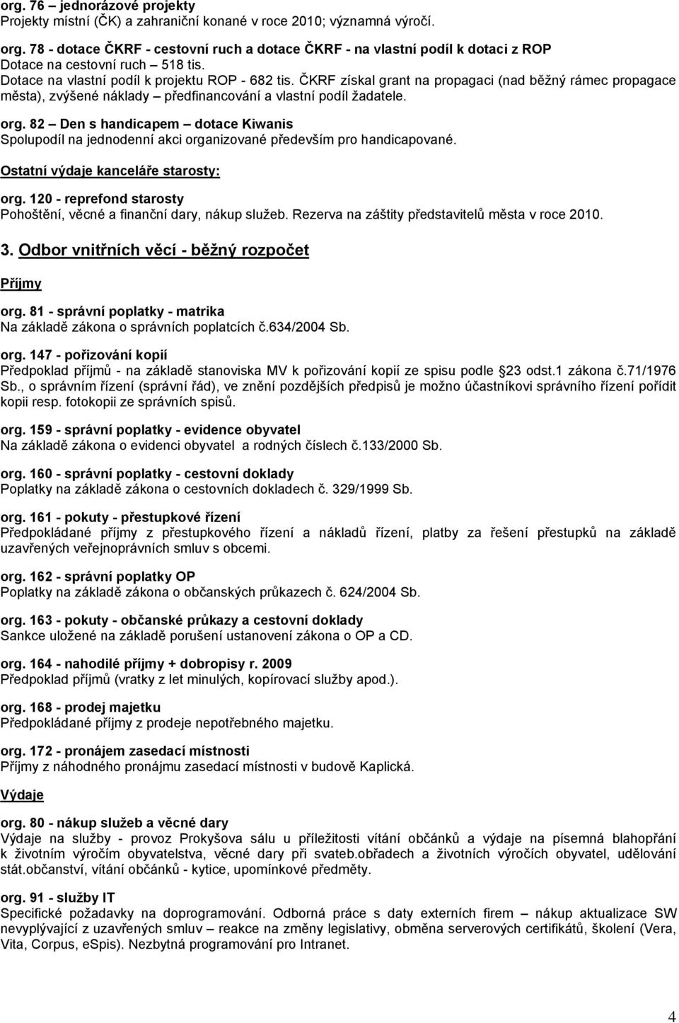 ČKRF získal grant na propagaci (nad běžný rámec propagace města), zvýšené náklady předfinancování a vlastní podíl žadatele. org.