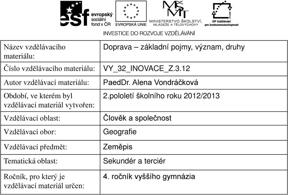 který je vzdělávací materiál určen: Doprava základní pojmy, význam, druhy VY_32_INOVACE_Z.3.12 PaedDr.