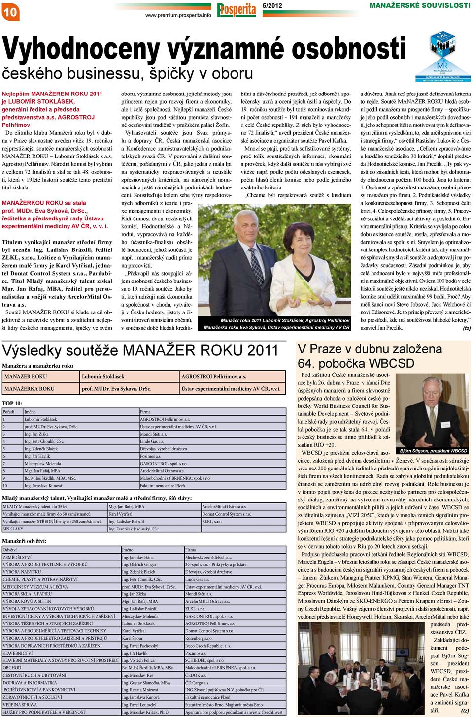 da představenstva a.s. AGROSTROJ Pelhřimov Do elitního klubu Manažerů roku byl v dubnu v Praze slavnostně uveden vítěz 19.