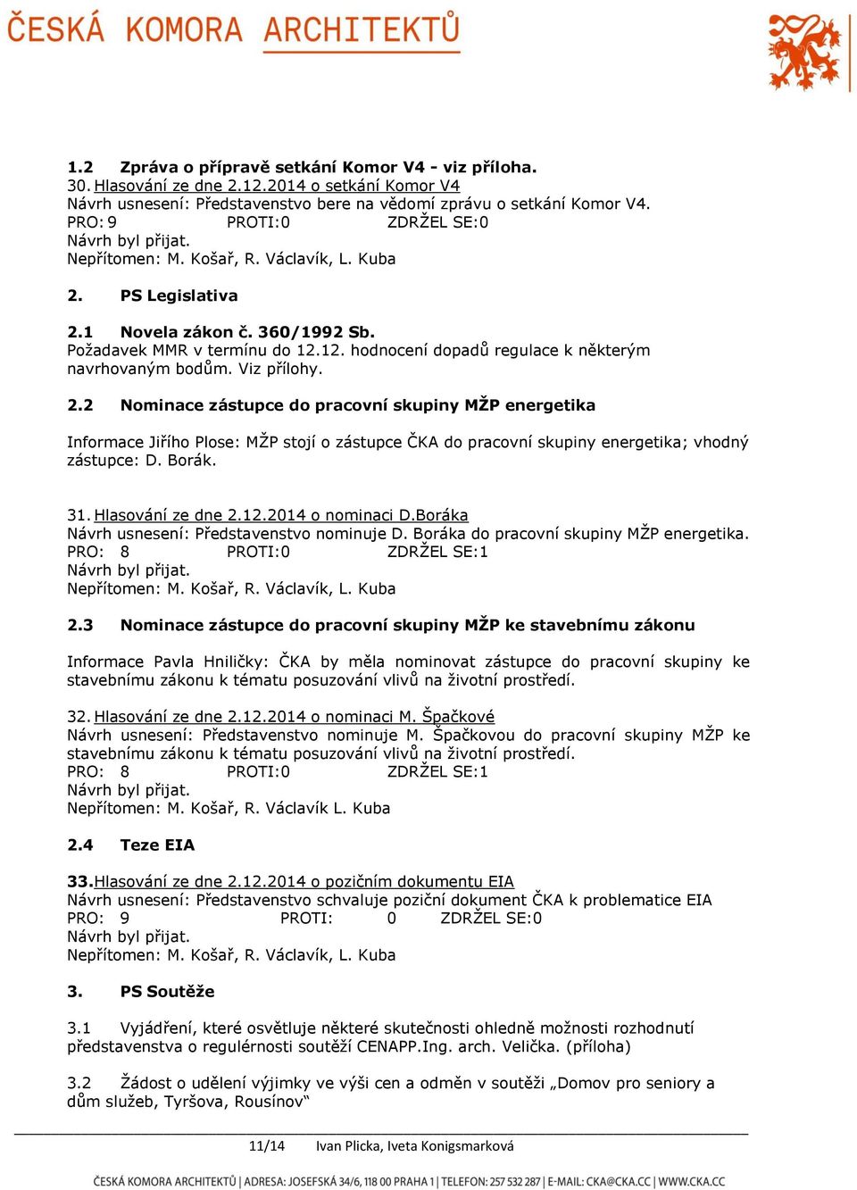 Borák. 31. Hlasování ze dne 2.12.2014 o nominaci D.Boráka Návrh usnesení: Představenstvo nominuje D. Boráka do pracovní skupiny MŽP energetika. PRO: 8 PROTI:0 ZDRŽEL SE:1 2.