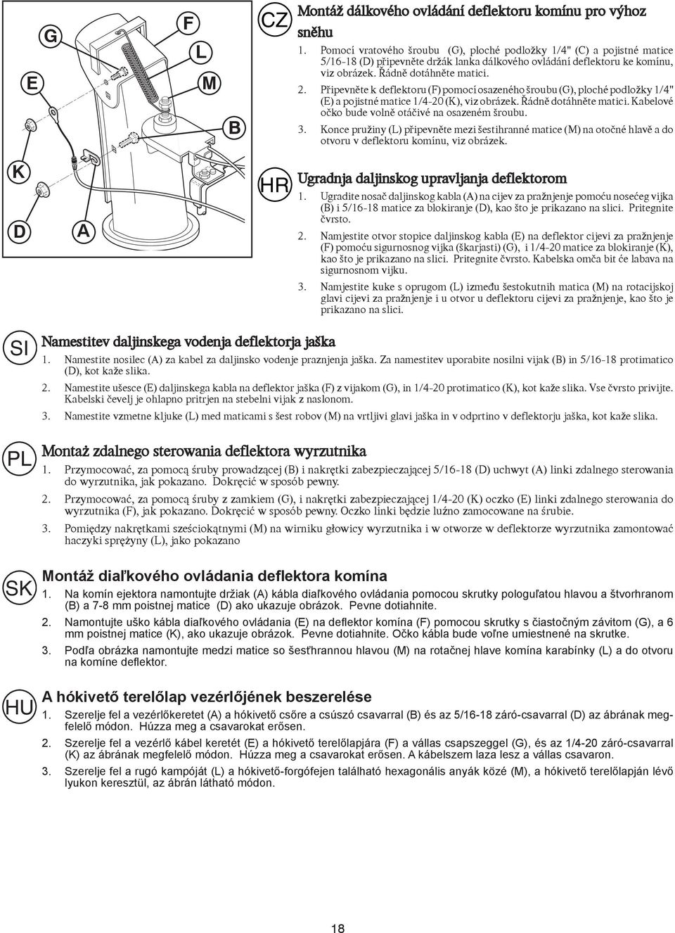 Připevněte k deflektoru (F) pomocí osazeného šroubu (G), ploché podložky 1/4" (E) a pojistné matice 1/4-20 (K), viz obrázek. Řádně dotáhněte matici.