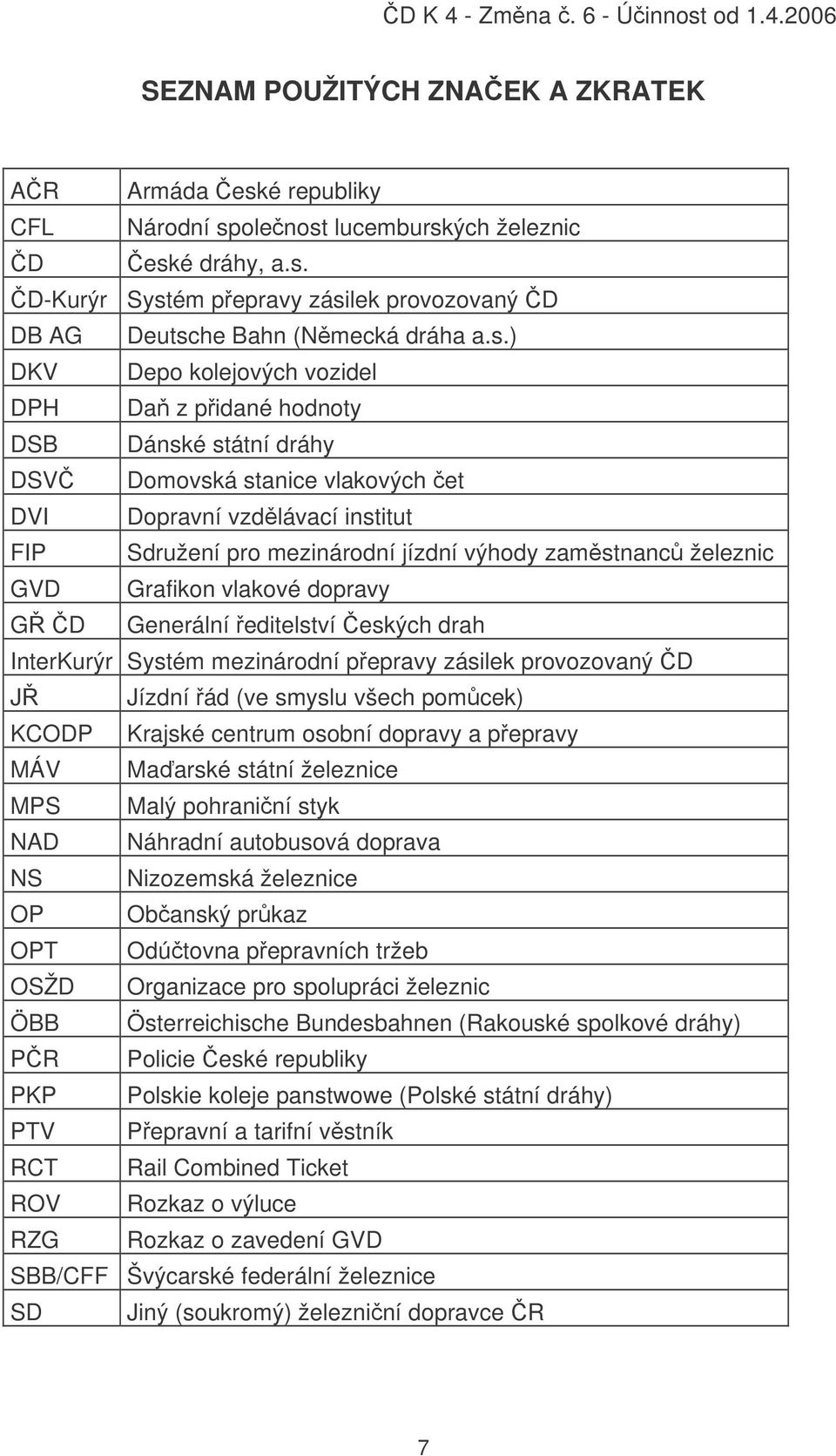 železnic GVD Grafikon vlakové dopravy G D Generální editelství eských drah InterKurýr Systém mezinárodní pepravy zásilek provozovaný D J Jízdní ád (ve smyslu všech pomcek) KCODP Krajské centrum