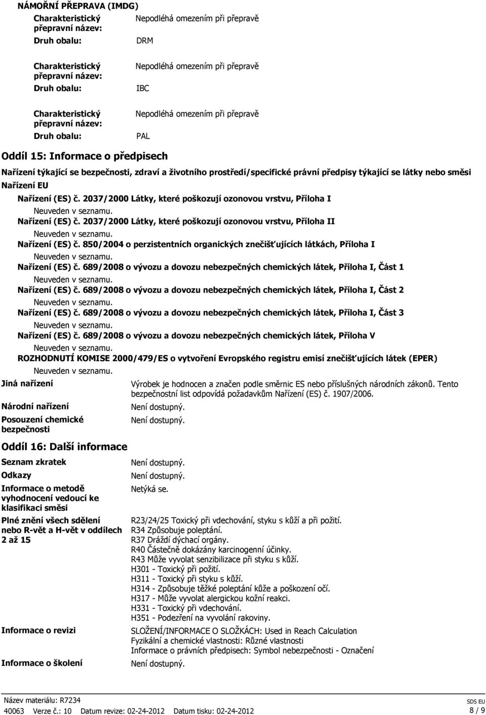 850/2004 o perzistentních organických znečišťujících látkách, Příloha I Nařízení (ES) č. 689/2008 o vývozu a dovozu nebezpečných chemických látek, Příloha I, Část 1 Nařízení (ES) č.