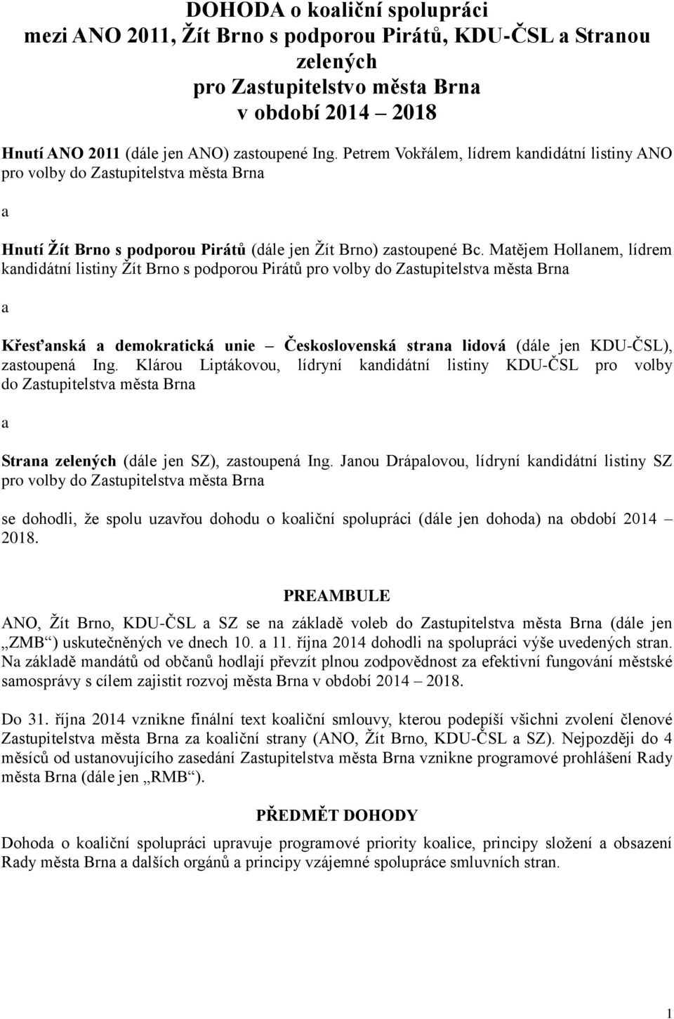 Matějem Hollanem, lídrem kandidátní listiny Žít Brno s podporou Pirátů pro volby do Zastupitelstva města Brna a Křesťanská a demokratická unie Československá strana lidová (dále jen KDU-ČSL),