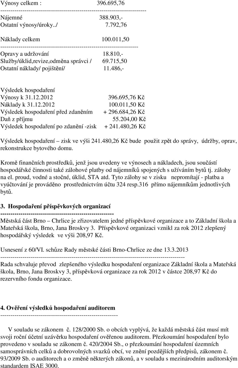 486,- Výsledek hospodaření Výnosy k 31.12.2012 Náklady k 31.12.2012 Výsledek hospodaření před zdaněním Daň z příjmu Výsledek hospodaření po zdanění -zisk 396.695,76 Kč 100.011,50 Kč + 296.