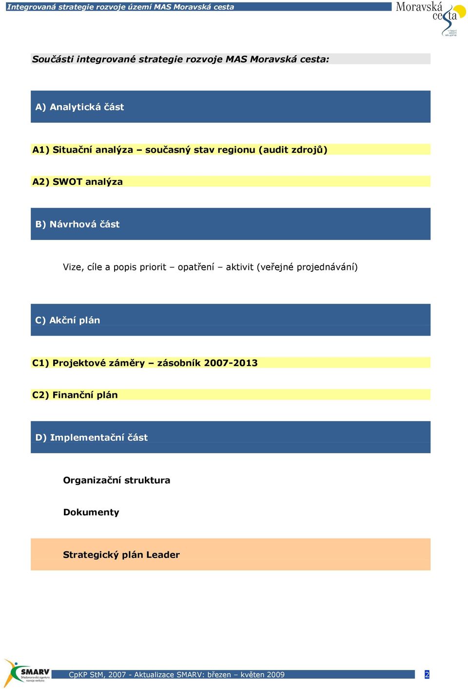 (veřejné projednávání) C) Akční plán C1) Projektové záměry zásobník 2007-2013 C2) Finanční plán D)