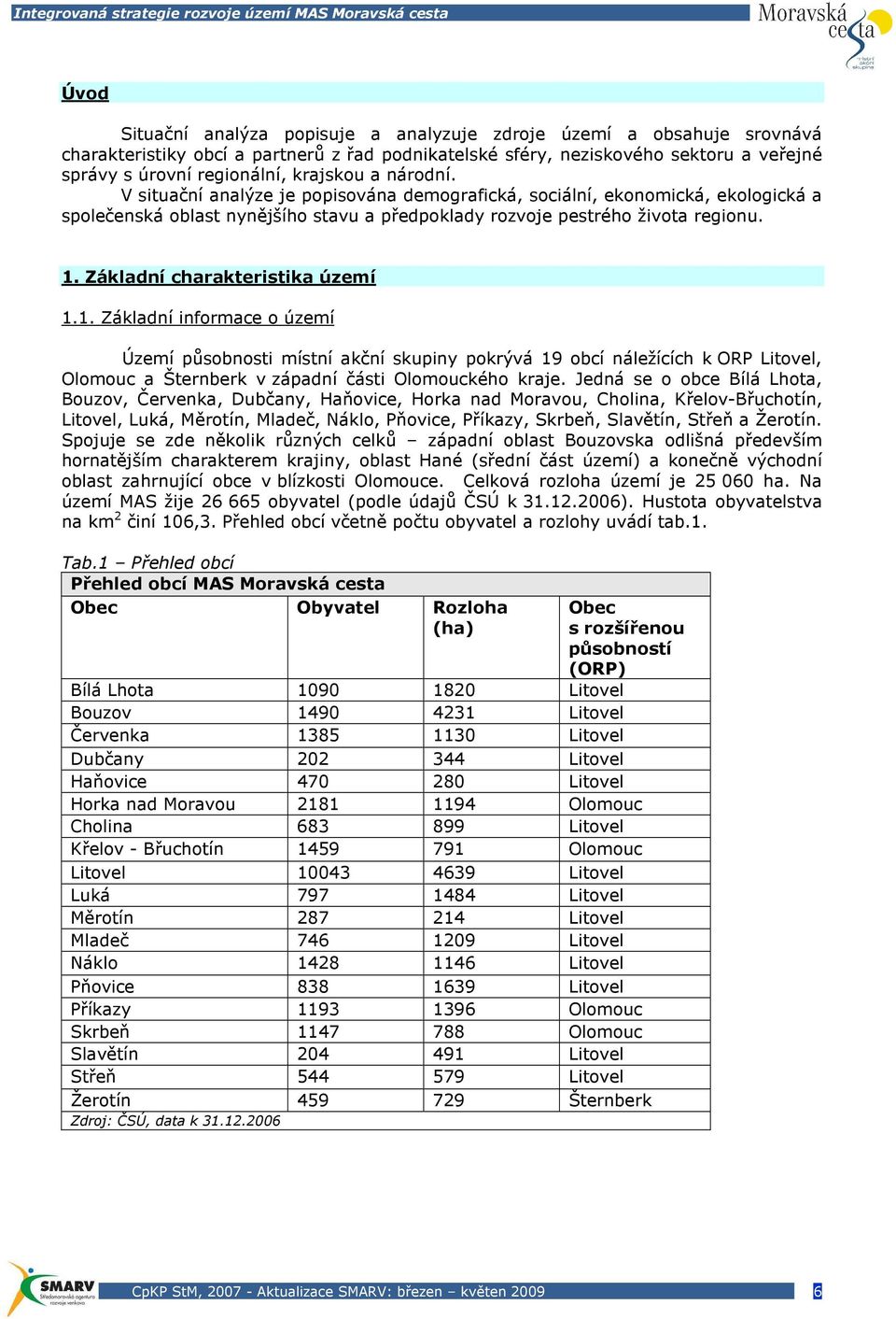 Základní charakteristika území 1.1. Základní informace o území Území působnosti místní akční skupiny pokrývá 19 obcí náležících k ORP Litovel, Olomouc a Šternberk v západní části Olomouckého kraje.