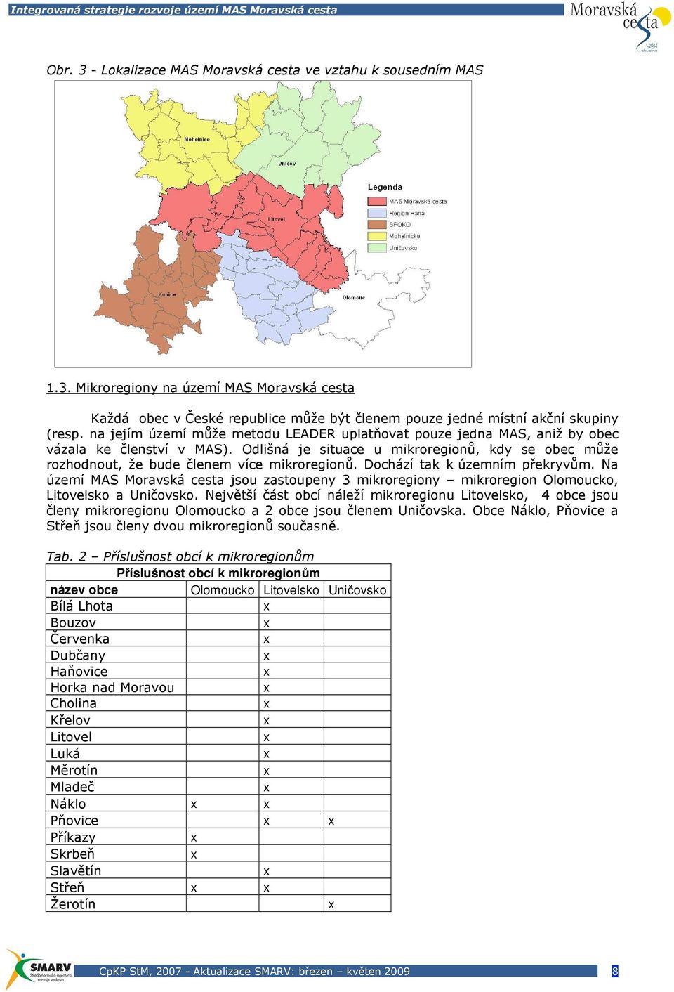 Dochází tak k územním překryvům. Na území MAS Moravská cesta jsou zastoupeny 3 mikroregiony mikroregion Olomoucko, Litovelsko a Uničovsko.