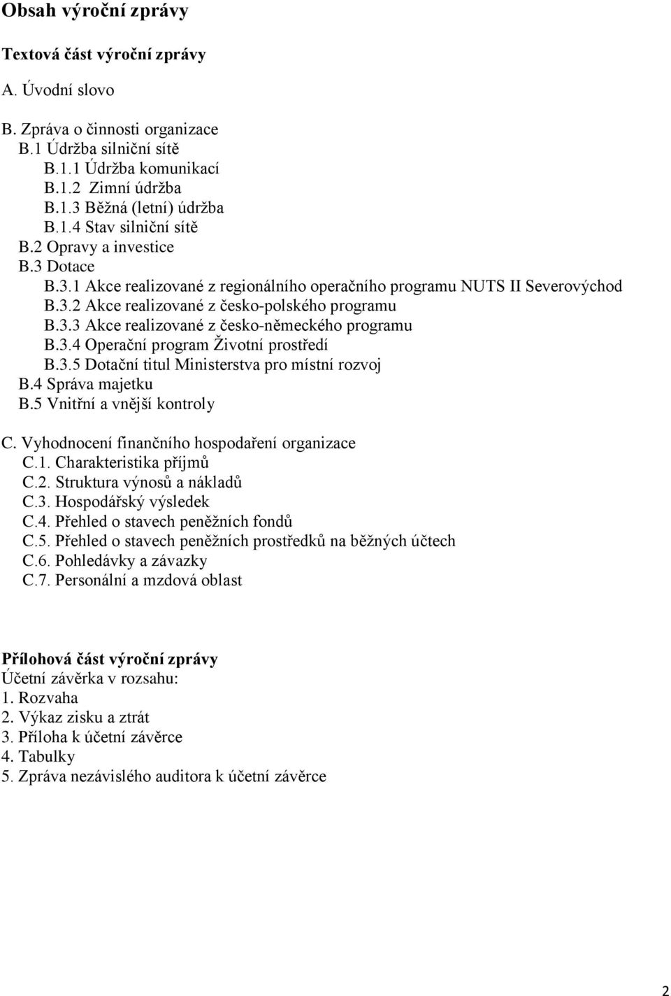 3.4 Operační program Životní prostředí B.3.5 Dotační titul Ministerstva pro místní rozvoj B.4 Správa majetku B.5 Vnitřní a vnější kontroly C. Vyhodnocení finančního hospodaření organizace C.1.