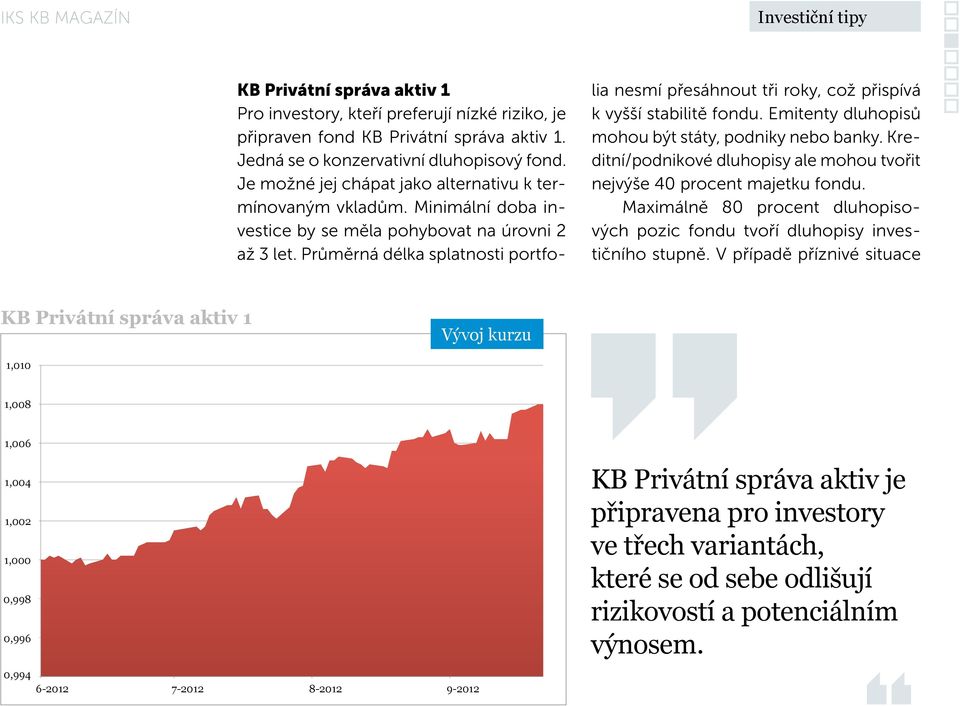 Průměrná délka splatnosti portfolia nesmí přesáhnout tři roky, což přispívá k vyšší stabilitě fondu. Emitenty dluhopisů mohou být státy, podniky nebo banky.