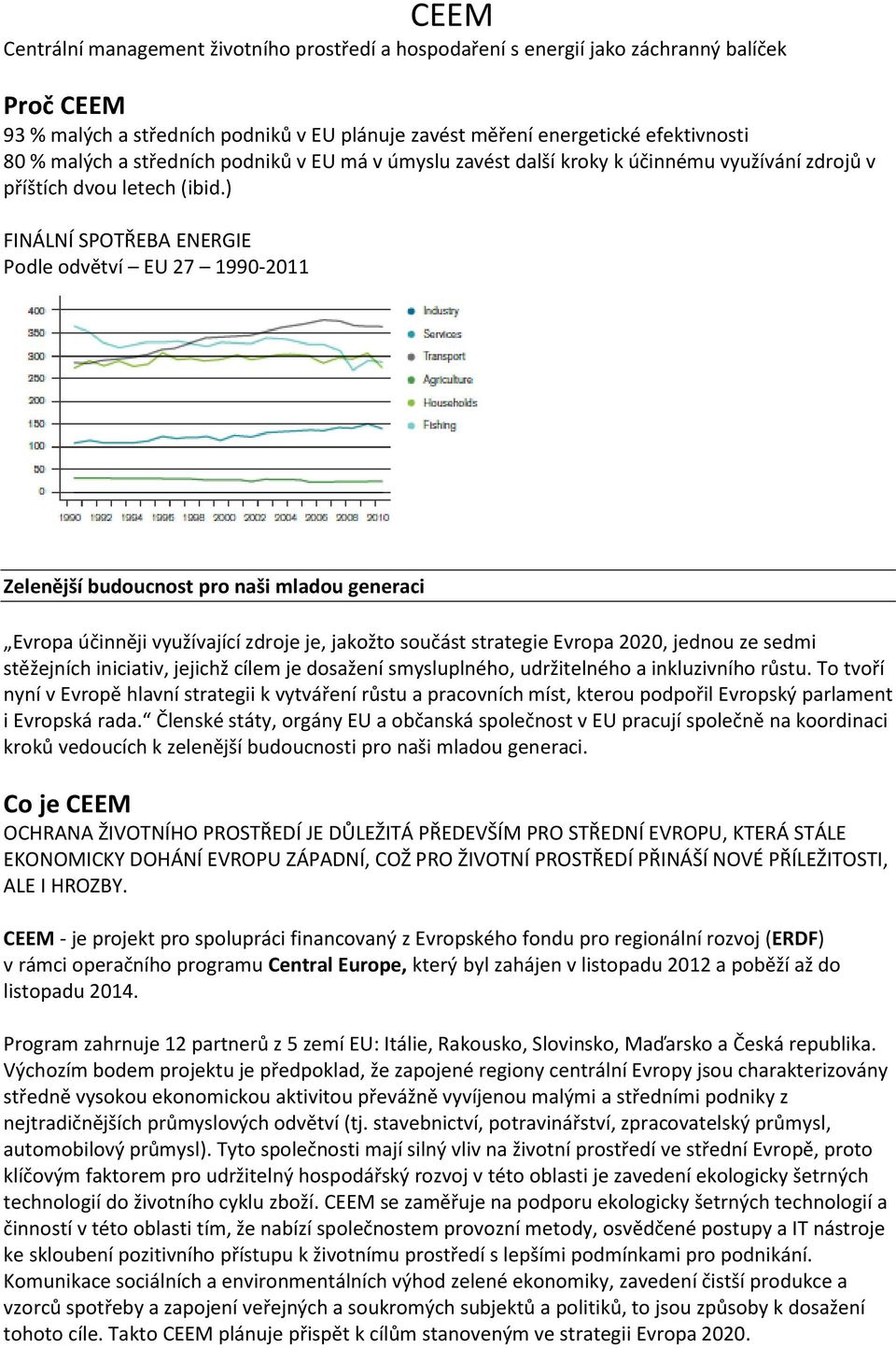 ) FINÁLNÍ SPOTŘEBA ENERGIE Podle odvětví EU 27 1990-2011 Zelenější budoucnost pro naši mladou generaci Evropa účinněji využívající zdroje je, jakožto součást strategie Evropa 2020, jednou ze sedmi