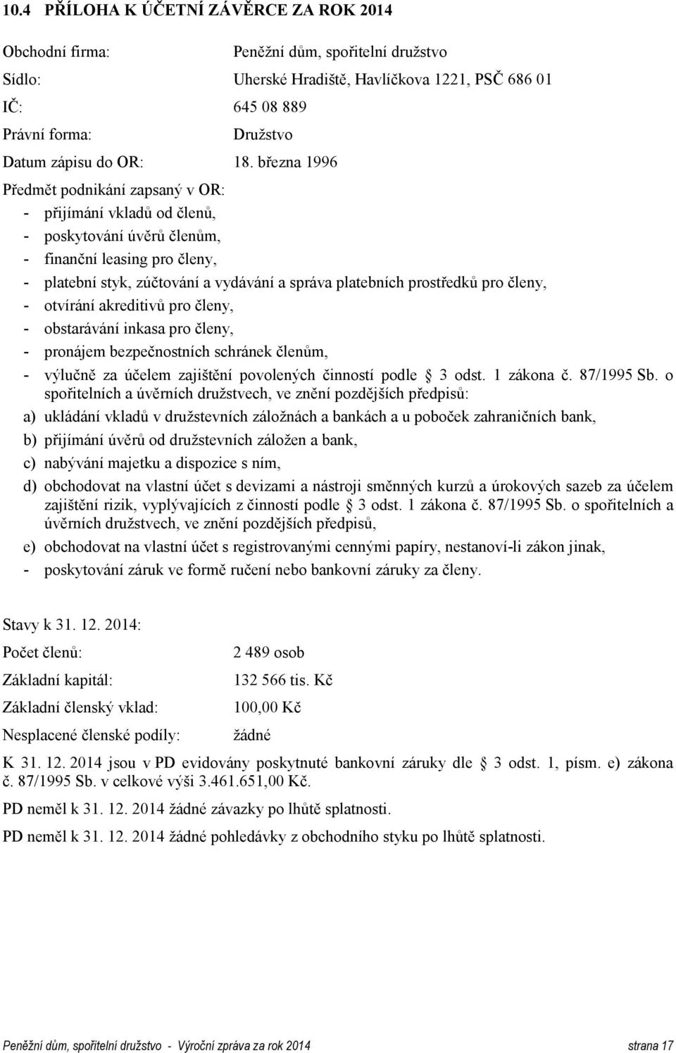 března 1996 Předmět podnikání zapsaný v OR: - přijímání vkladů od členů, - poskytování úvěrů členům, - finanční leasing pro členy, - platební styk, zúčtování a vydávání a správa platebních prostředků