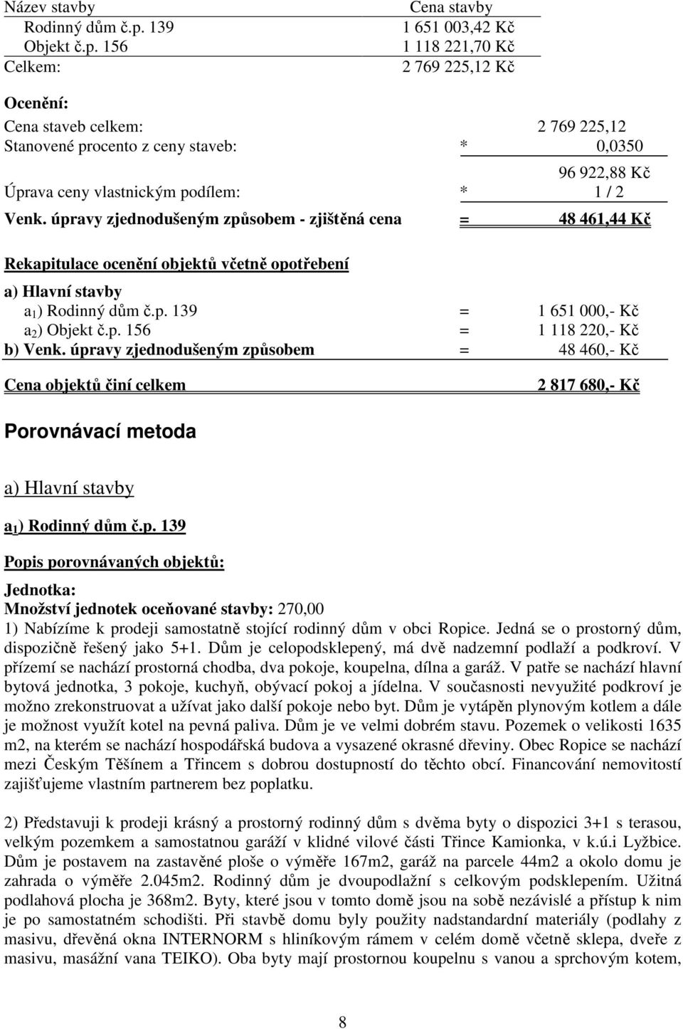 156 Celkem: Cena stavby 1 651 003,42 Kč 1 118 221,70 Kč 2 769 225,12 Kč Ocenění: Cena staveb celkem: 2 769 225,12 Stanovené procento z ceny staveb: * 0,0350 96 922,88 Kč Úprava ceny vlastnickým