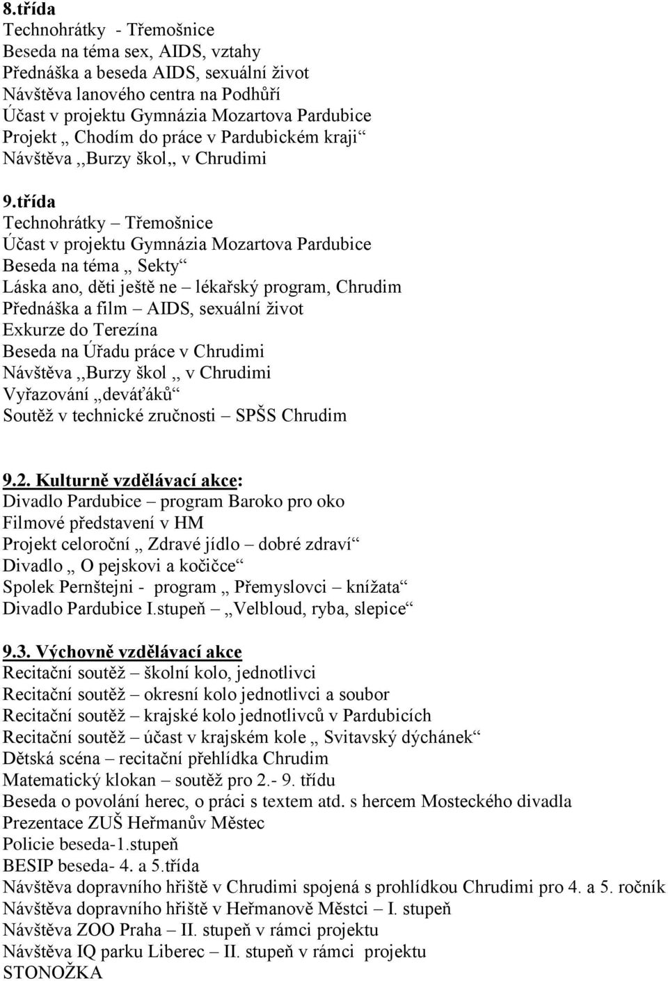 třída Technohrátky Třemošnice Účast v projektu Gymnázia Mozartova Pardubice Beseda na téma Sekty Láska ano, děti ještě ne lékařský program, Chrudim Přednáška a film AIDS, sexuální život Exkurze do