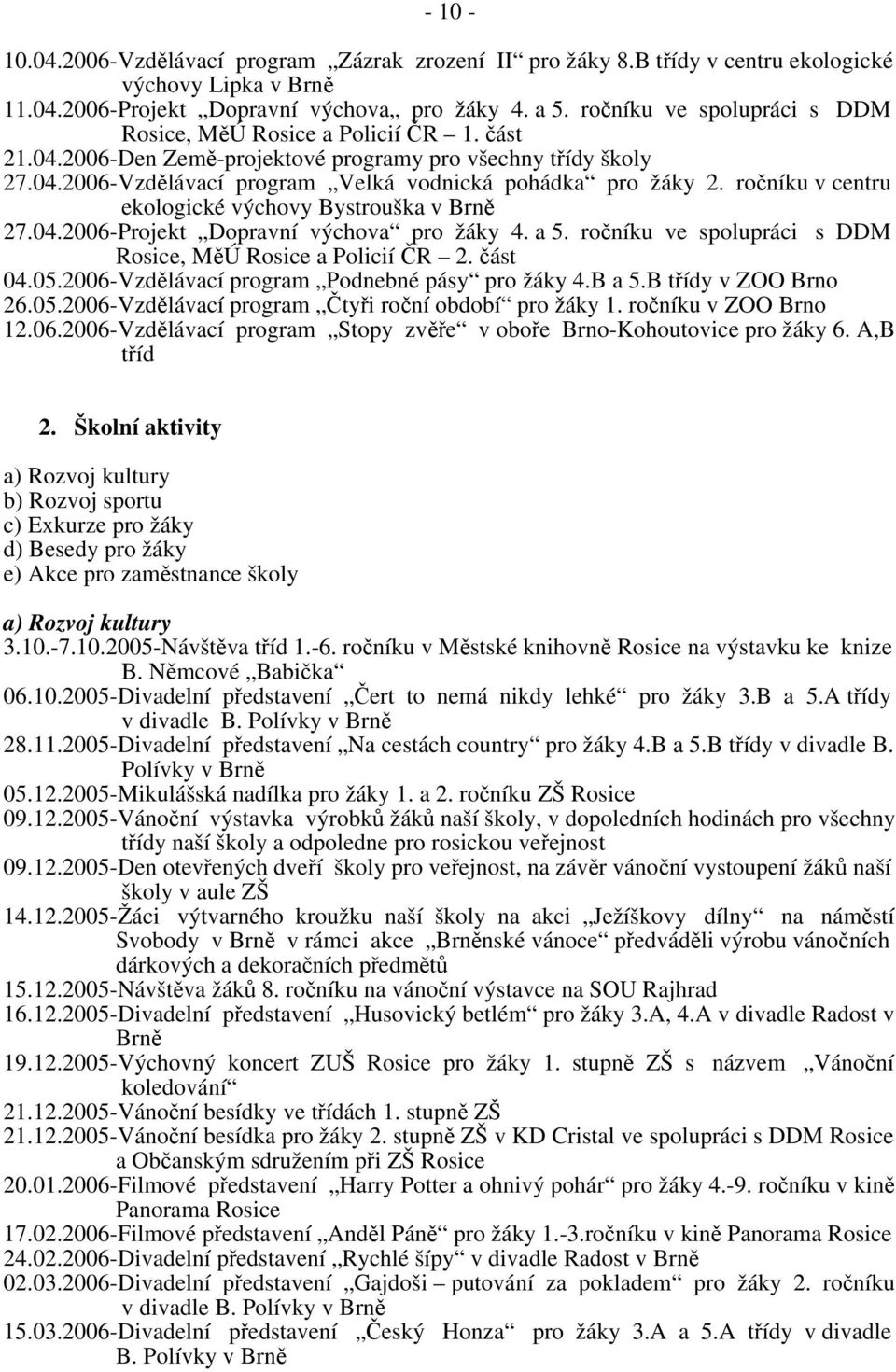 ročníku v centru ekologické výchovy Bystrouška v Brně 27.04.2006-Projekt Dopravní výchova pro žáky 4. a 5. ročníku ve spolupráci s DDM Rosice, MěÚ Rosice a Policií ČR 2. část 04.05.