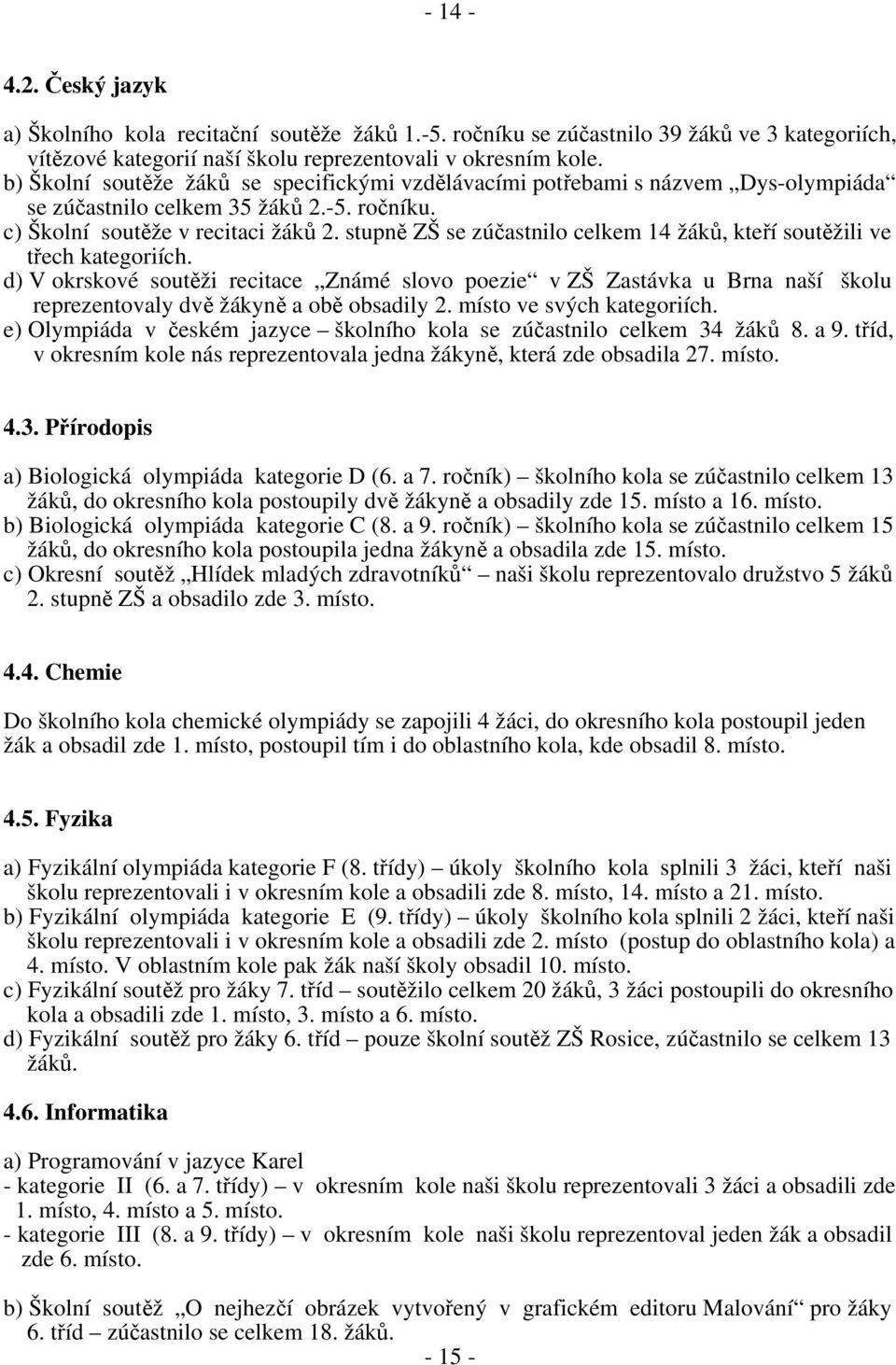 stupně ZŠ se zúčastnilo celkem 14 žáků, kteří soutěžili ve třech kategoriích.