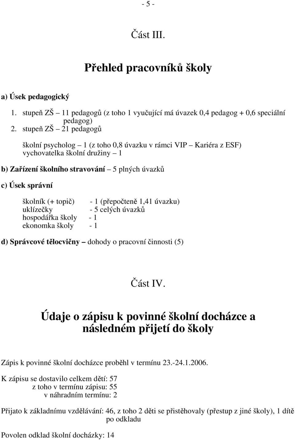 - 1 (přepočteně 1,41 úvazku) uklízečky - 5 celých úvazků hospodářka školy - 1 ekonomka školy - 1 d) Správcové tělocvičny dohody o pracovní činnosti (5) Část IV.