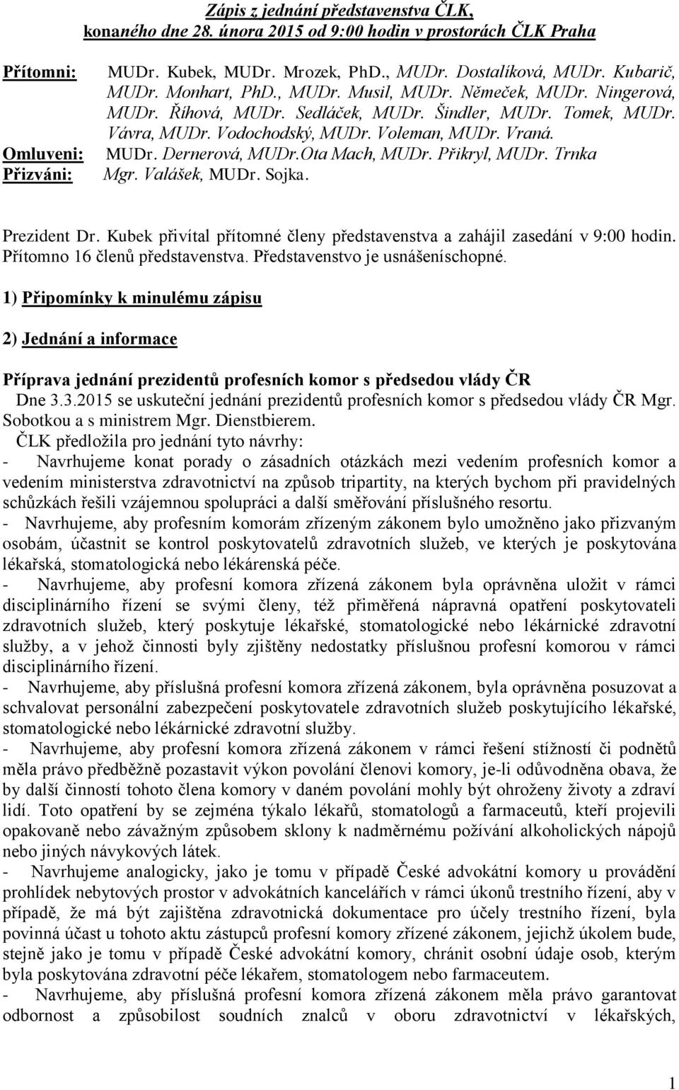 Ota Mach, MUDr. Přikryl, MUDr. Trnka Mgr. Valášek, MUDr. Sojka. Prezident Dr. Kubek přivítal přítomné členy představenstva a zahájil zasedání v 9:00 hodin. Přítomno 16 členů představenstva.