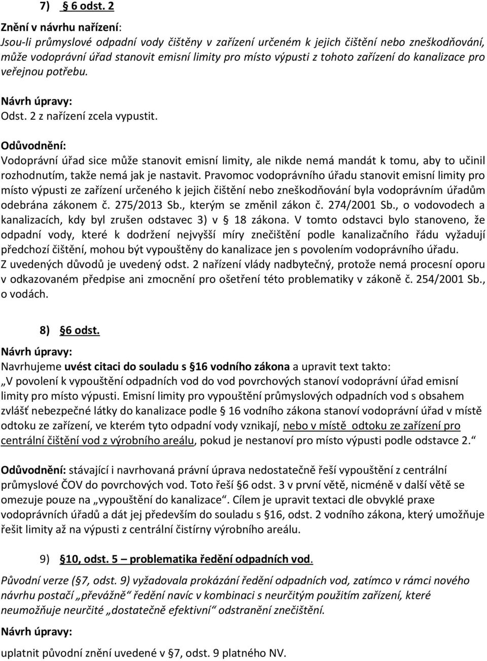 veřejnou potřebu. Odst. 2 z nařízení zcela vypustit. Vodoprávní úřad sice může stanovit emisní limity, ale nikde nemá mandát k tomu, aby to učinil rozhodnutím, takže nemá jak je nastavit.