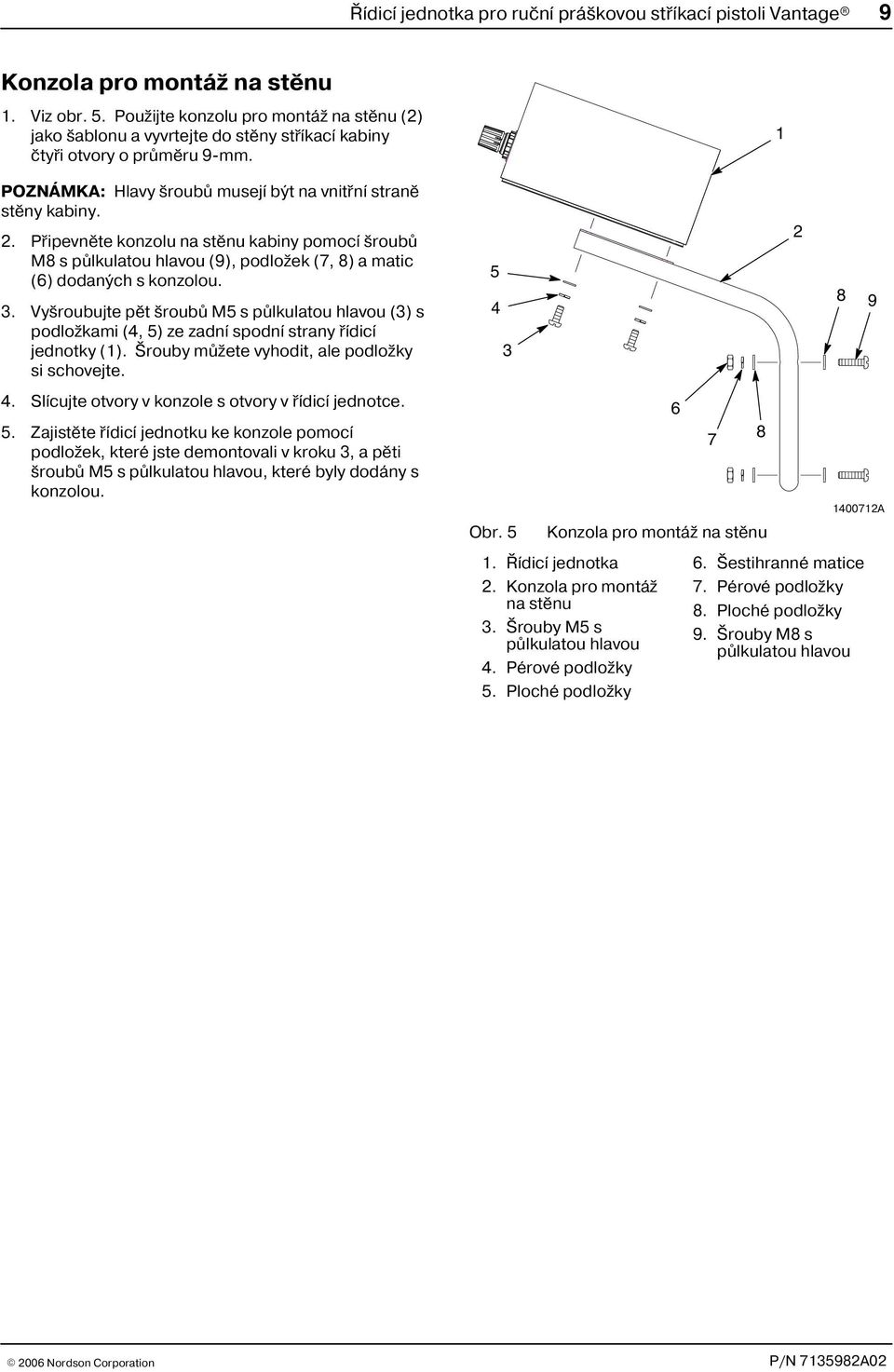 Pøipevnìte konzolu na stìnu kabiny pomocí šroubù M8 s pùlkulatou hlavou (9), podložek (7, 8) a matic (6) dodaných s konzolou. 3.