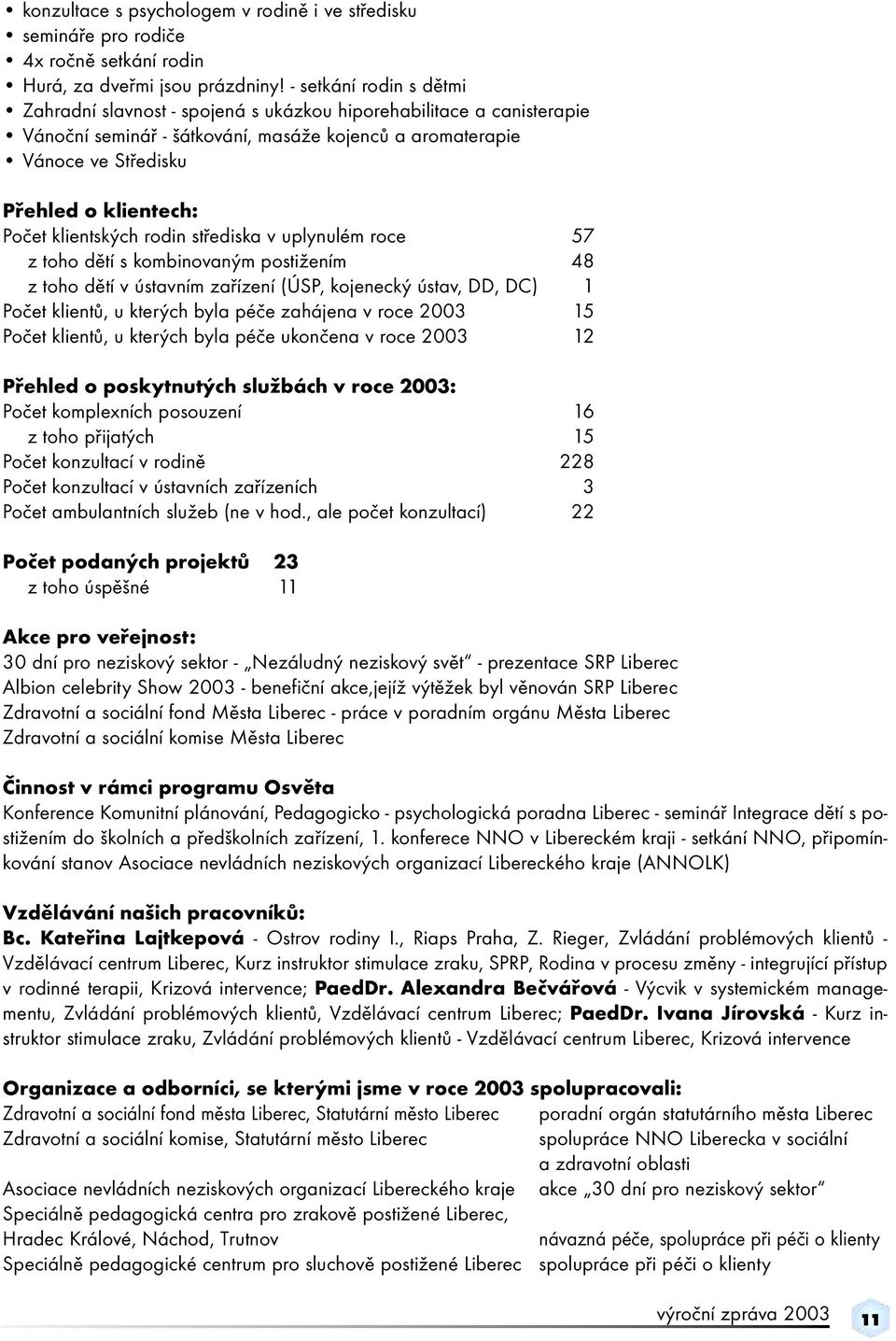 klientských rodin střediska v uplynulém roce 57 z toho dětí s kombinovaným postižením 48 z toho dětí v ústavním zařízení (ÚSP, kojenecký ústav, DD, DC) 1 Počet klientů, u kterých byla péče zahájena v