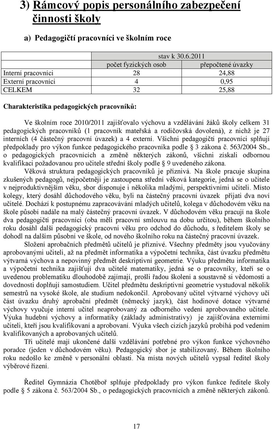 výchovu a vzdělávání žáků školy celkem 31 pedagogických pracovníků (1 pracovník mateřská a rodičovská dovolená), z nichž je 27 interních (4 částečný pracovní úvazek) a 4 externí.