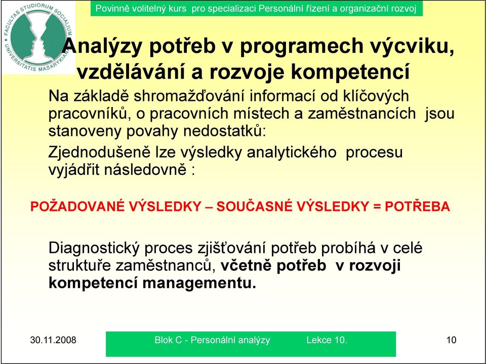 procesu vyjádřit následovně : POŽADOVANÉ VÝSLEDKY SOUČASNÉ VÝSLEDKY = POTŘEBA Diagnostický proces zjišťování potřeb