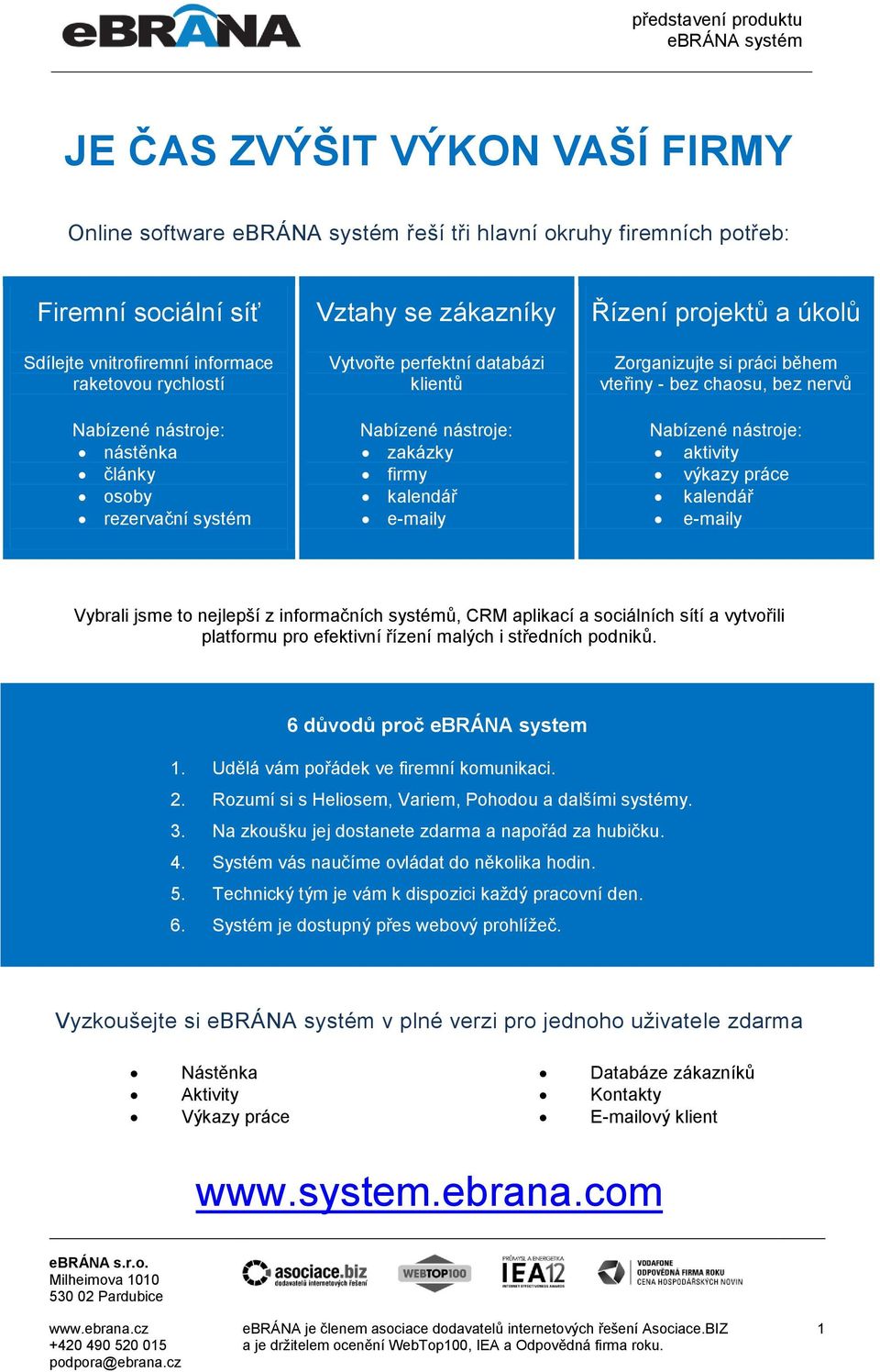 chaosu, bez nervů Nabízené nástroje: aktivity výkazy práce kalendář e-maily Vybrali jsme to nejlepší z informačních systémů, CRM aplikací a sociálních sítí a vytvořili platformu pro efektivní řízení