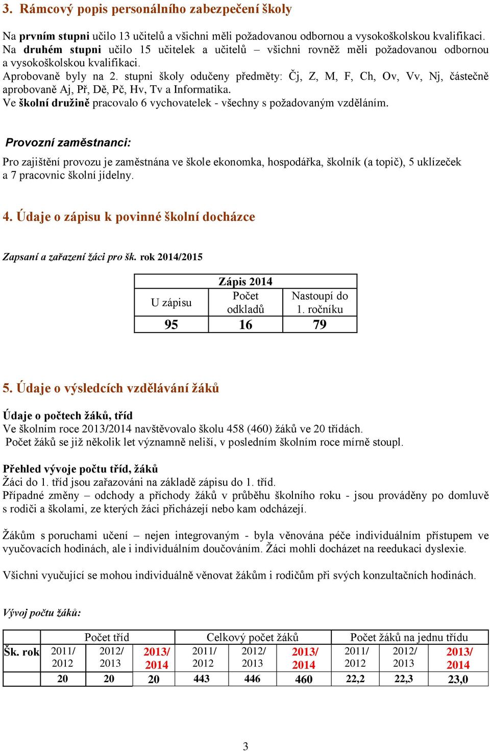 stupni školy odučeny předměty: Čj, Z, M, F, Ch, Ov, Vv, Nj, částečně aprobovaně Aj, Př, Dě, Pč, Hv, Tv a Informatika. Ve školní družině pracovalo 6 vychovatelek - všechny s požadovaným vzděláním.