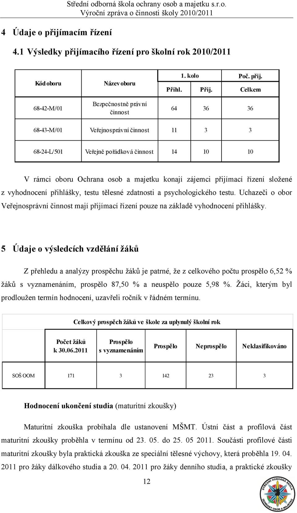 Celkem 64 36 36 68-43-M/01 Veřejnosprávní činnost 11 3 3 68-24-L/501 Veřejně pořádková činnost 14 10 10 V rámci oboru Ochrana osob a majetku konají zájemci přijímací řízení sloţené z vyhodnocení